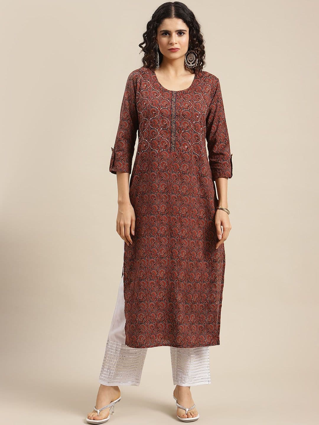Varanga Women Sequin Ajrakh Motif Printed Cotton Thread Work Kurta - view 1