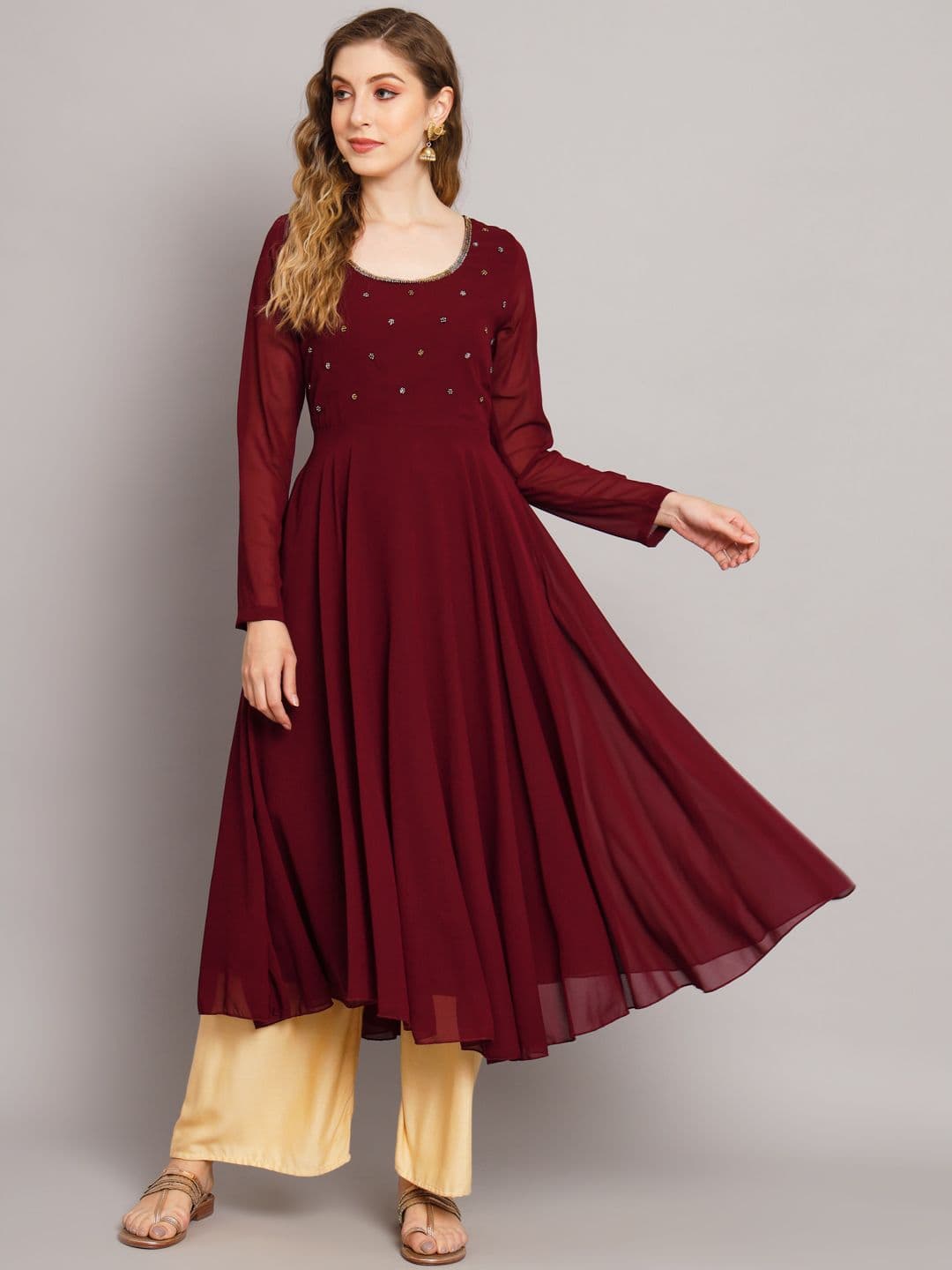 Poshak Hub Women Maroon Ethnic Motifs Embellished Georgette Anarkali Kurta - view 1