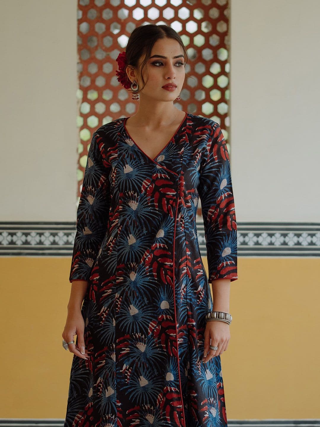 anayna Women Black & Red Pure Cotton Ethnic Motifs Printed Angrakha Kurta - view 1