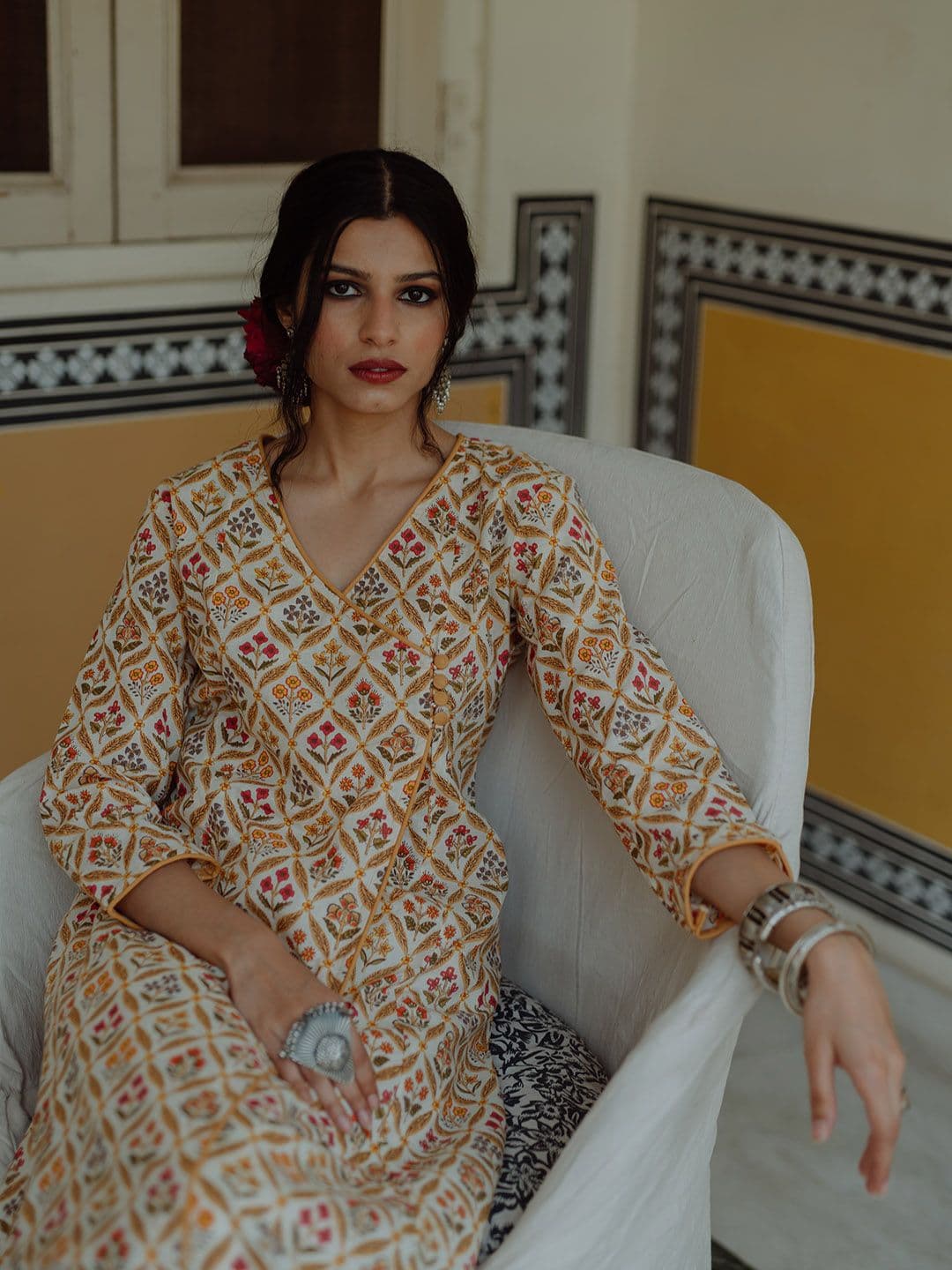 anayna Women White & Beige Pure Cotton Ethnic Motifs Printed Angrakha Kurta - view 1