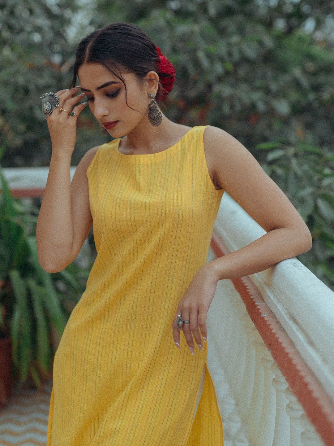 anayna Women Yellow Pure Cotton Kantha Work Striped Kurta - view 1