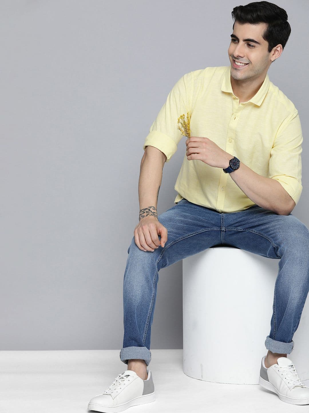 Mast & Harbour Men Yellow Solid Opaque Cotton Linen Casual Shirt - view 1