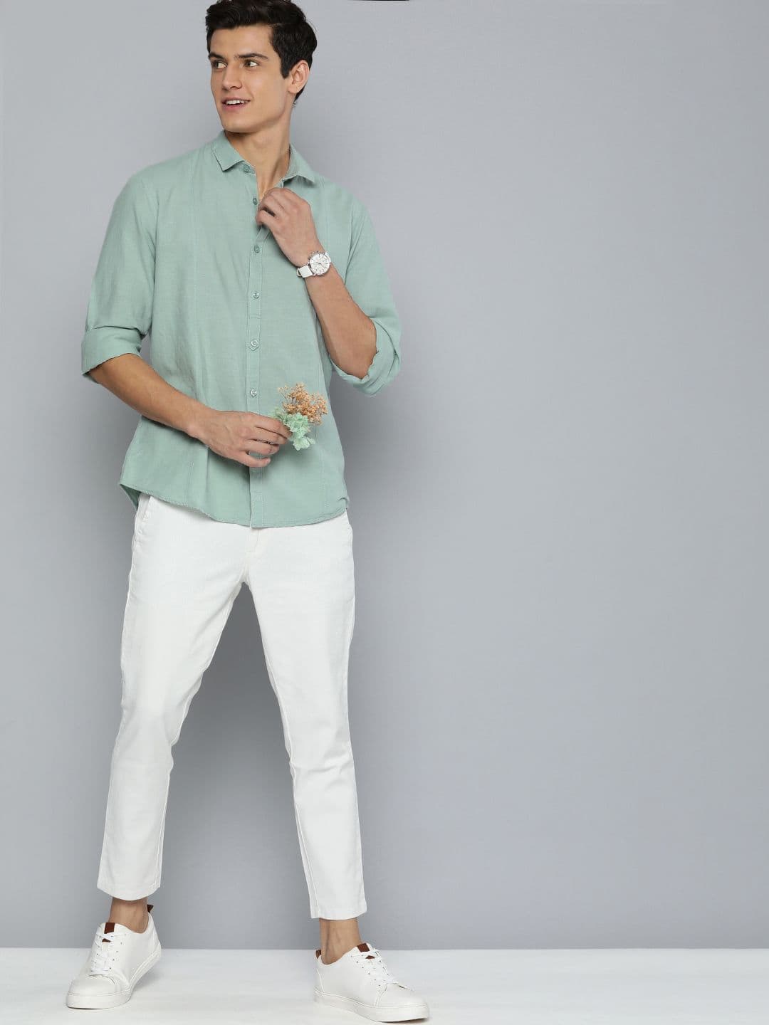 Mast & Harbour Men Sage Green Solid Casual Cotton Linen Shirt - view 1