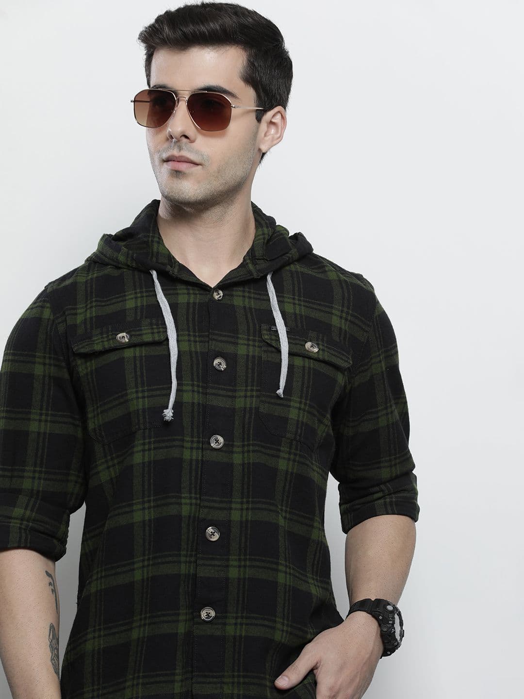 The Indian Garage Co Men Checkered Hooded Shirt with Double Flap Pockets - view 1