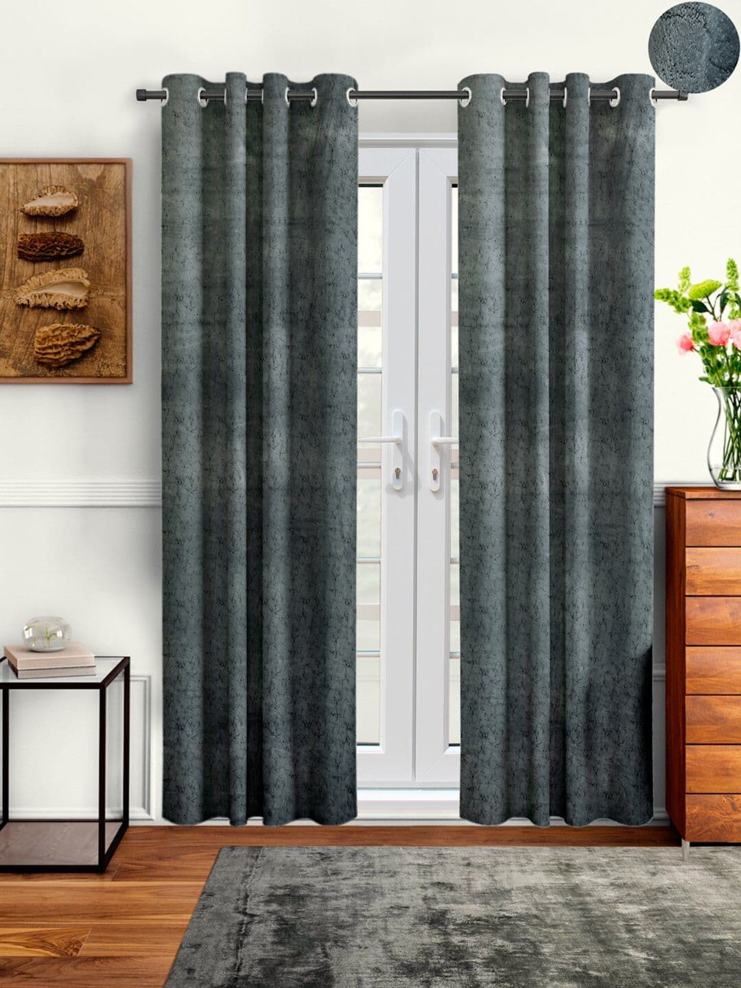 Cortina Set Of 2 Grey Abstract Printed Room Darkening Velvet Door Curtains - view 1