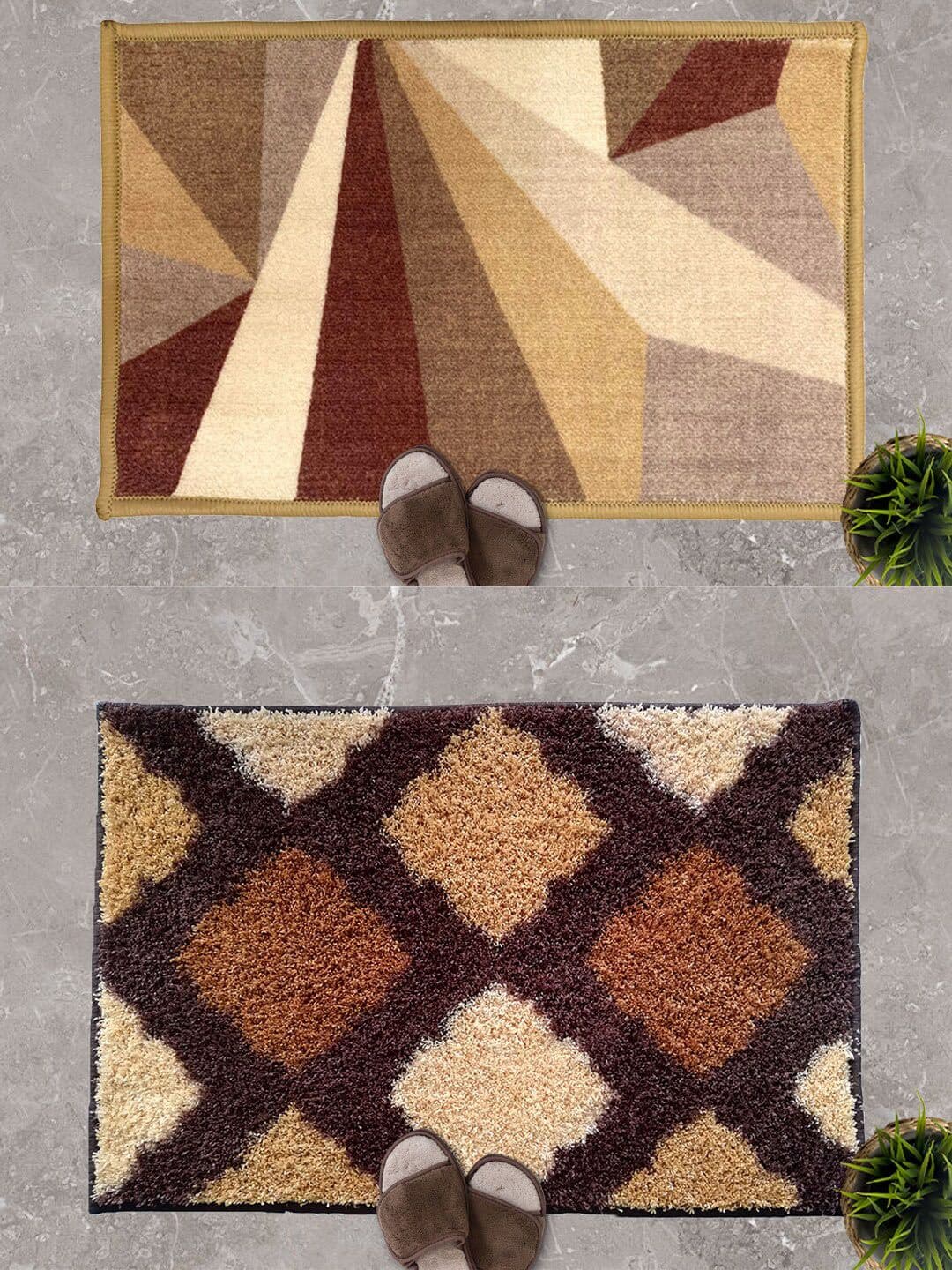 Athom Trendz Brown & Cream Set of 2 Floral Printed Anti Slip Doormat 57x37cm - view 1
