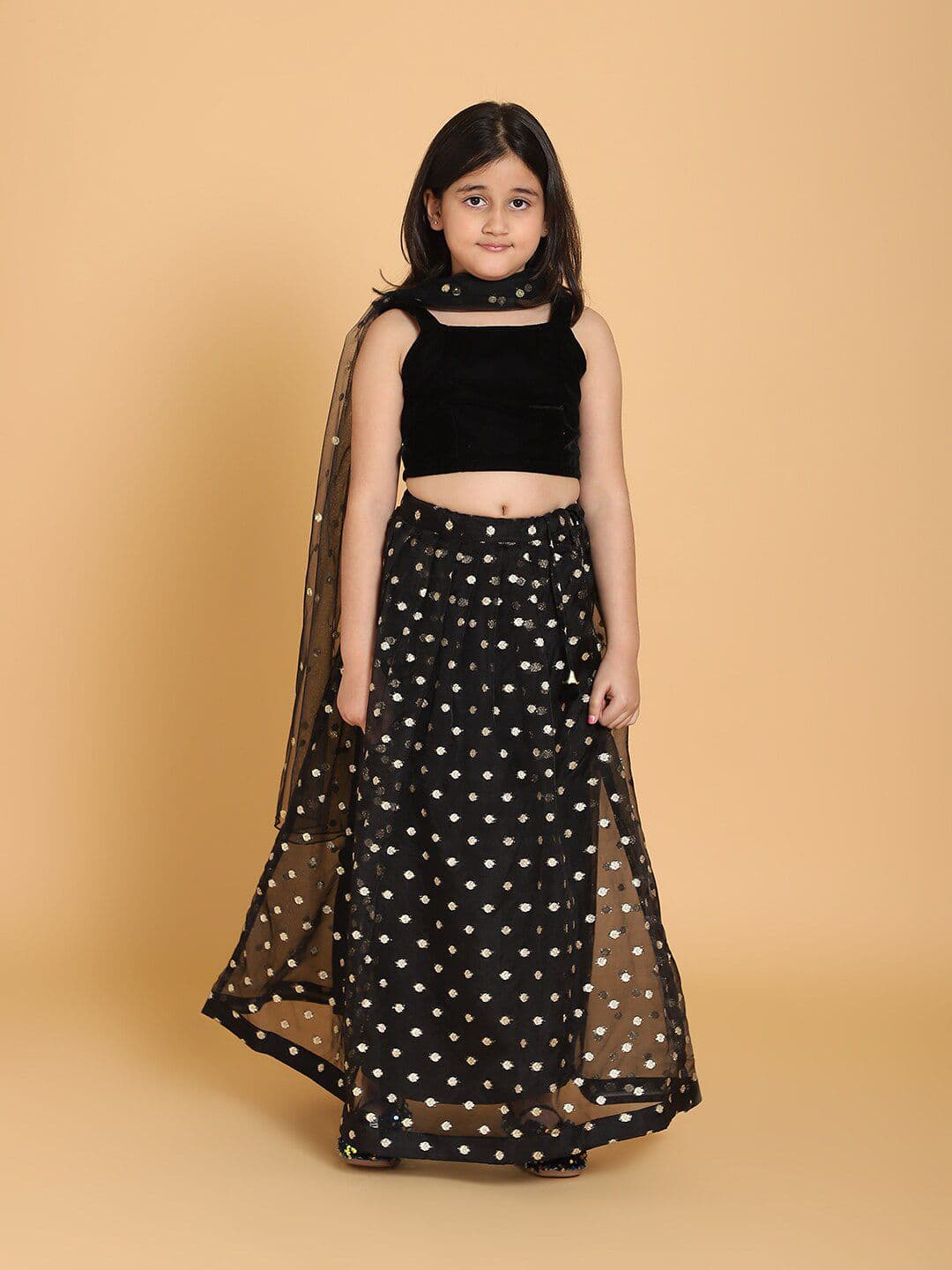 PICCOLO Girls Black & Gold-Toned Embellished Ready To Wear Lehenga & Blouse with Dupatta - view 1