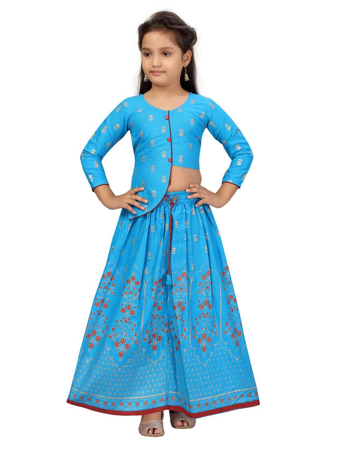 Aarika Girls Turquoise Blue & Red Printed Cotton Ready to Wear Lehenga Choli - view 1