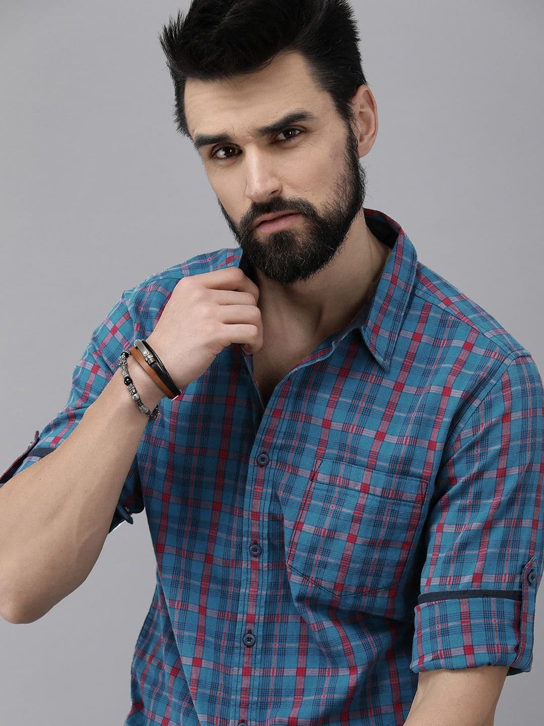 The Roadster Lifestyle Co Men Teal Blue And Red Checked Pure Cotton Casual Shirt - view 1