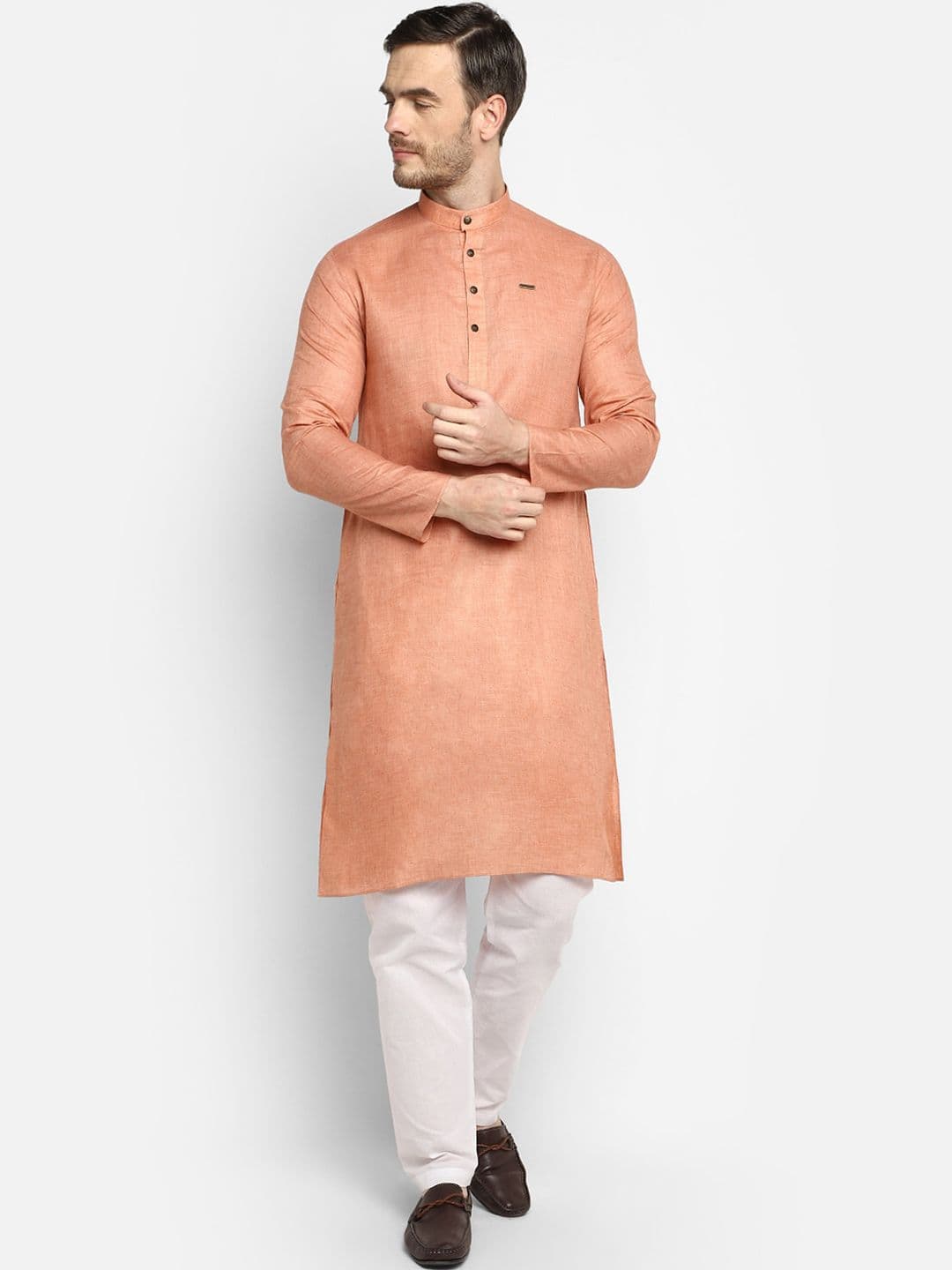 DEVOILER Men Orange Straight Cotton Kurta - view 1