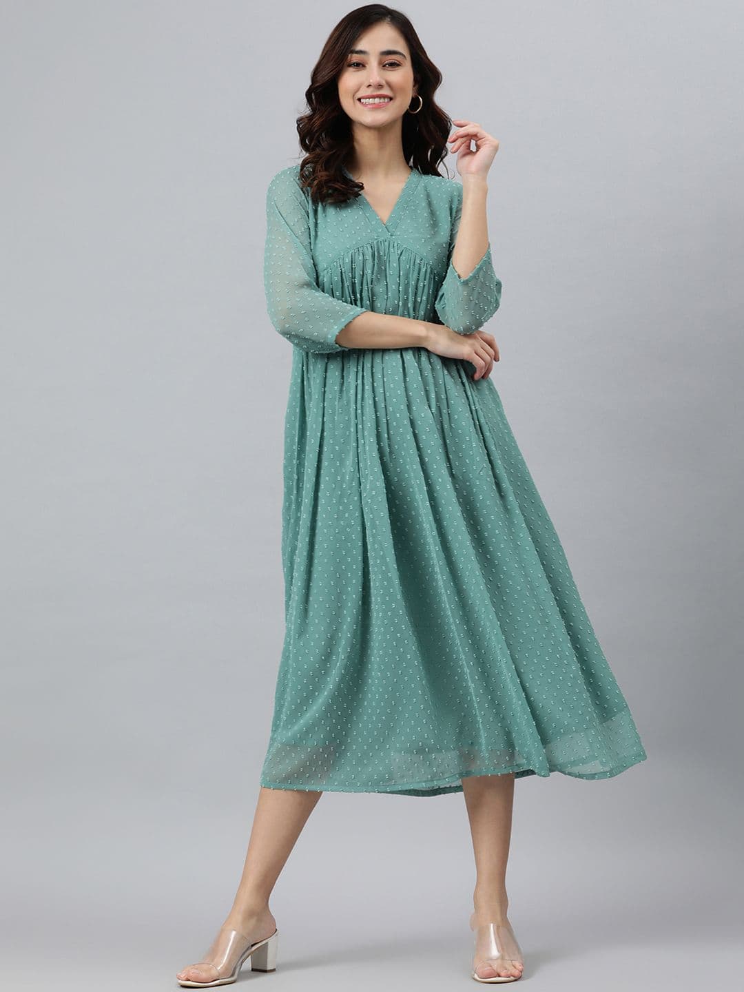 Janasya Women Green Poly Chiffon Self Design Flared Dress - view 1