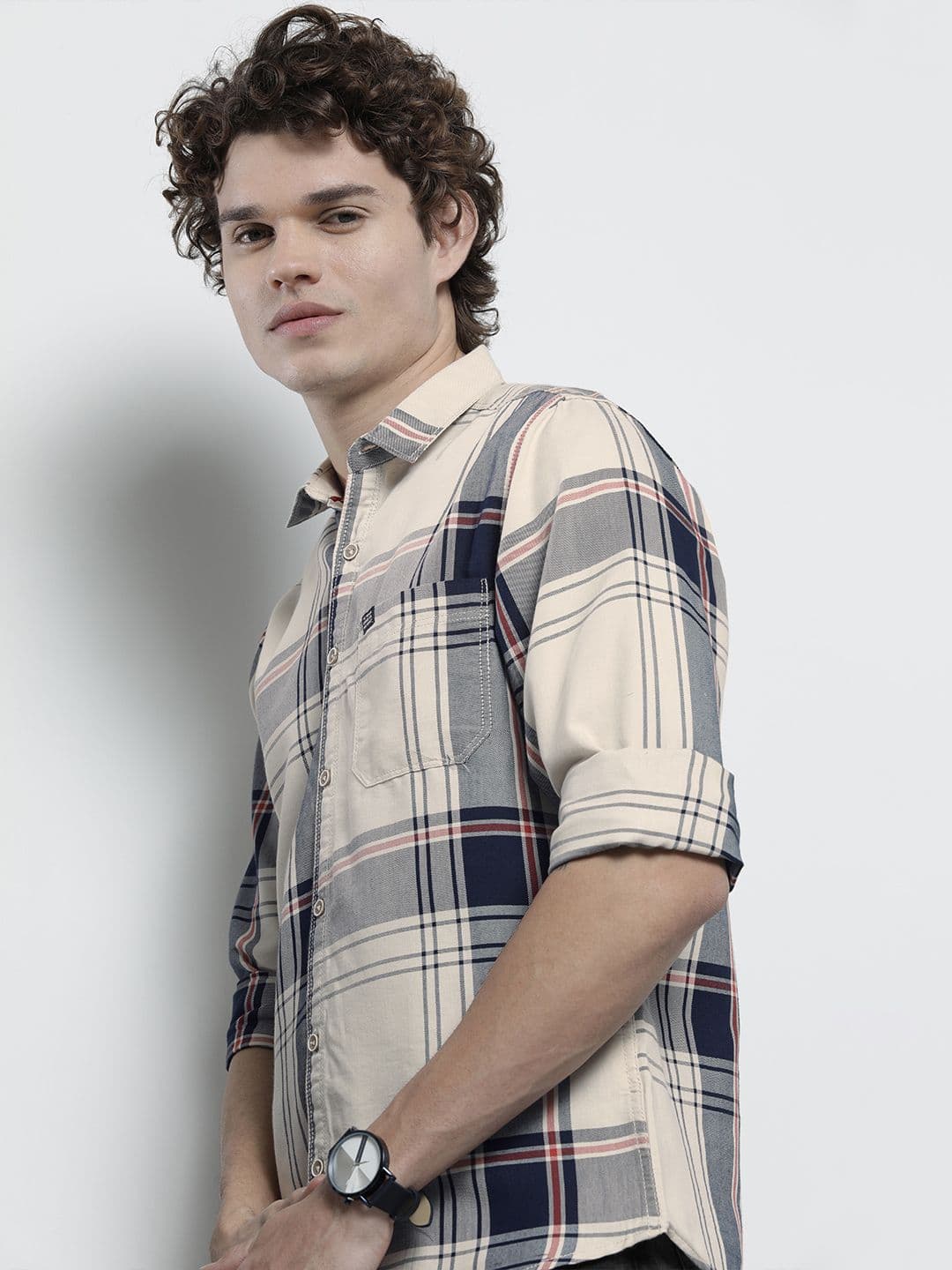 The Indian Garage Co Men Cream-Coloured & Navy Blue Tartan Checked Shirt - view 1