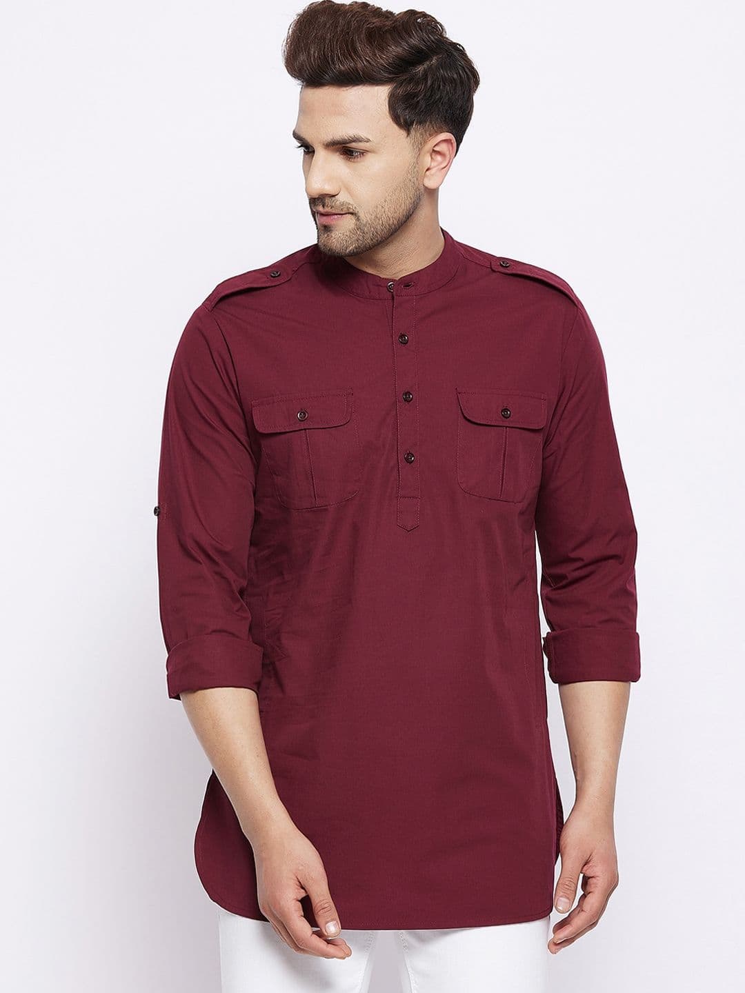 Hypernation Men Maroon Pathani Pure Cotton Kurta - view 1