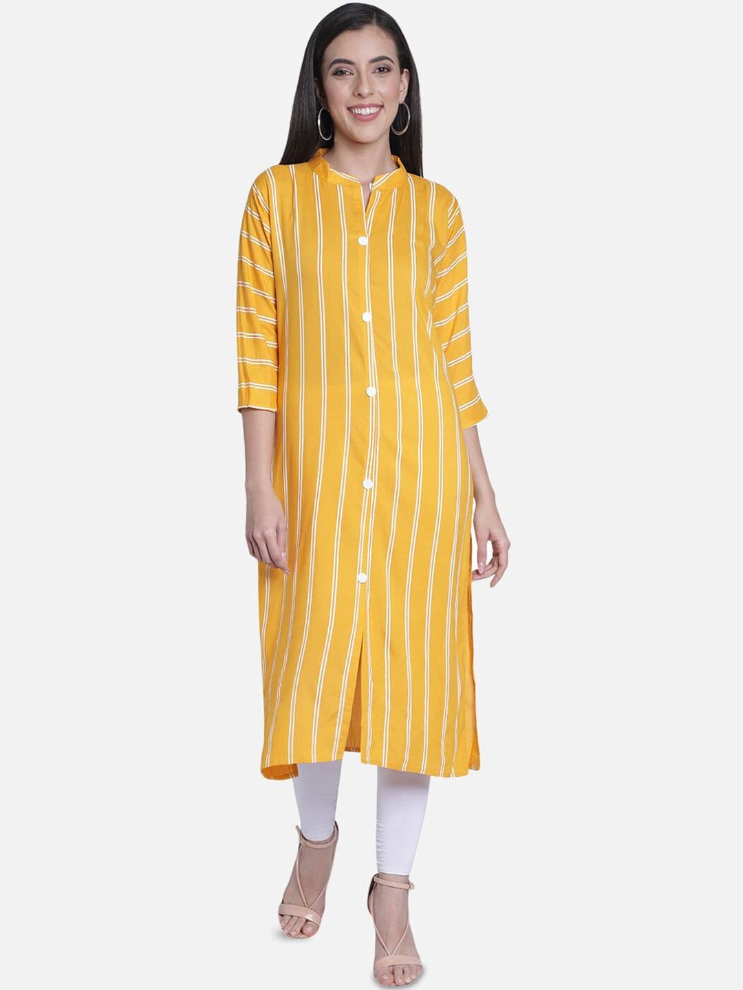 Fabclub Women Mustard Yellow Striped Rayon Straight Kurta - view 1
