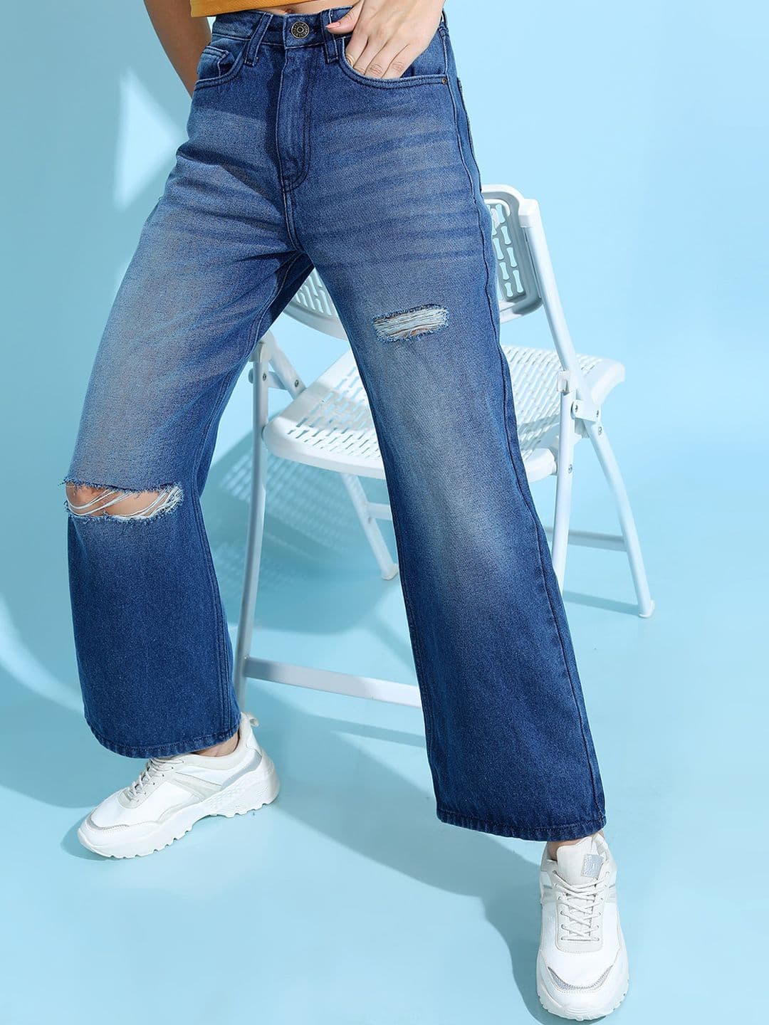 Tokyo Talkies Women Blue Slash Knee Light Fade Dad Fit Jeans - view 1