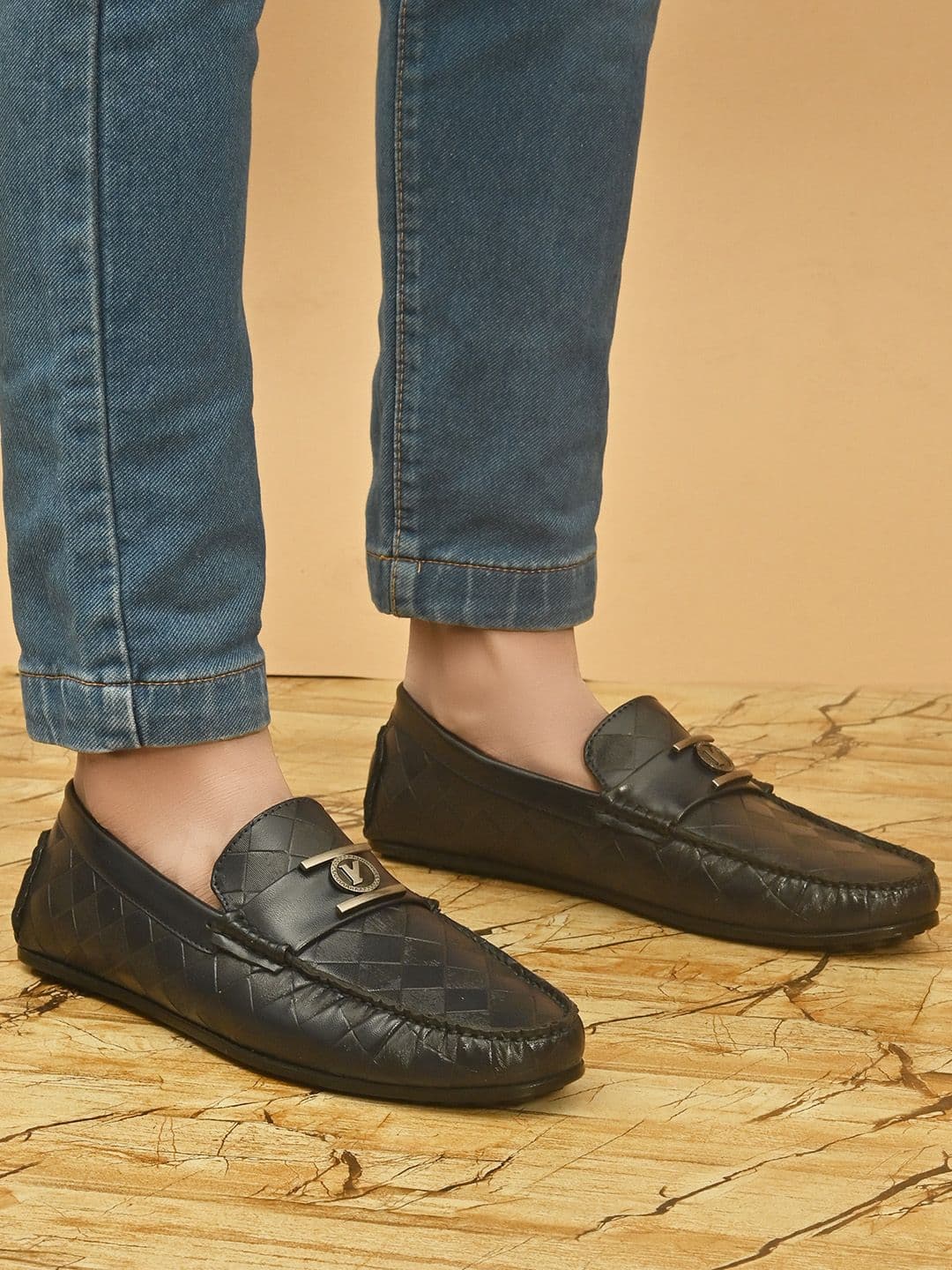 San Frissco Men Navy Blue Textured Loafers - view 1