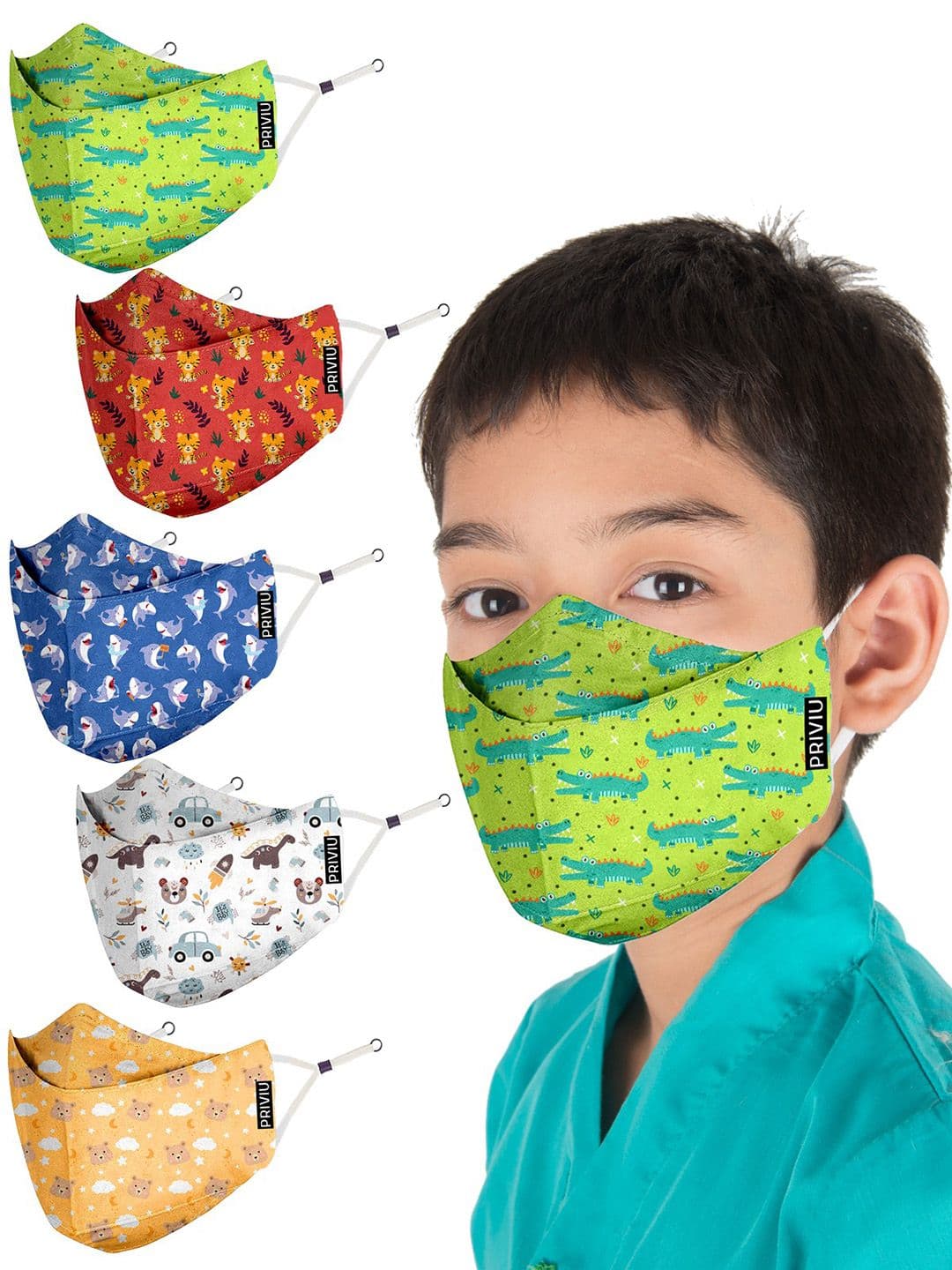 PRIVIU Kids Pack Of 5 Printed 4-Ply Anti-Bacterial Face Masks - view 1