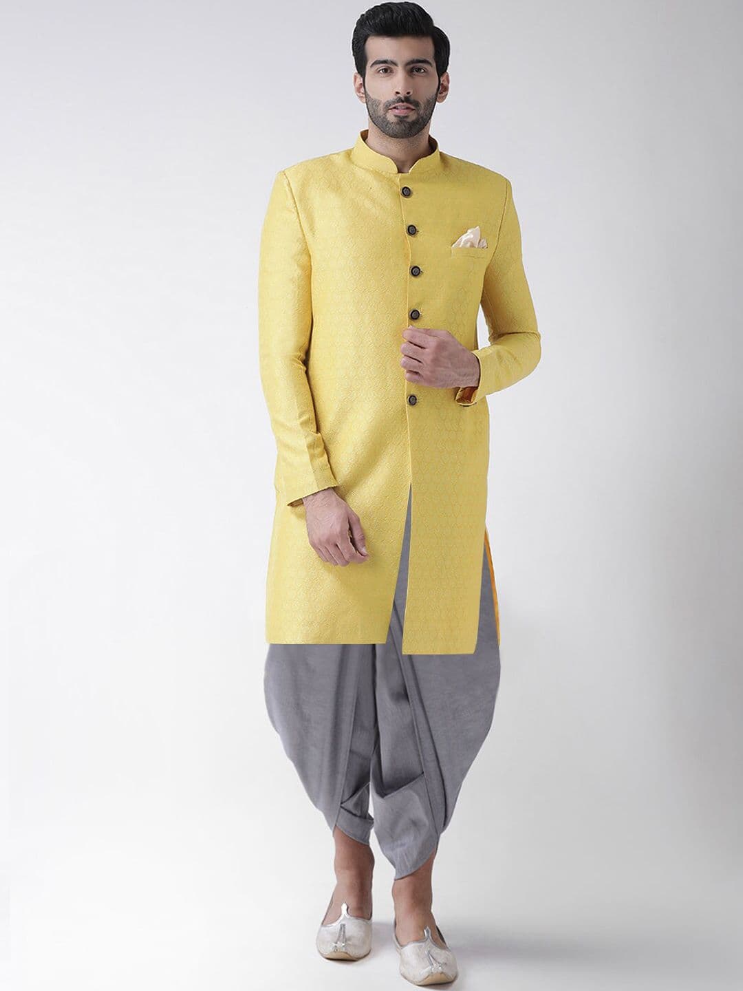 KISAH Men Yellow & Grey-Coloured Solid Indowestern Sherwani With Dhoti Pants