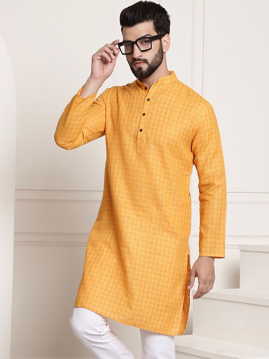 Anug by SOJANYA Men Mustard Yellow Checked Dobby Kurta - view 1