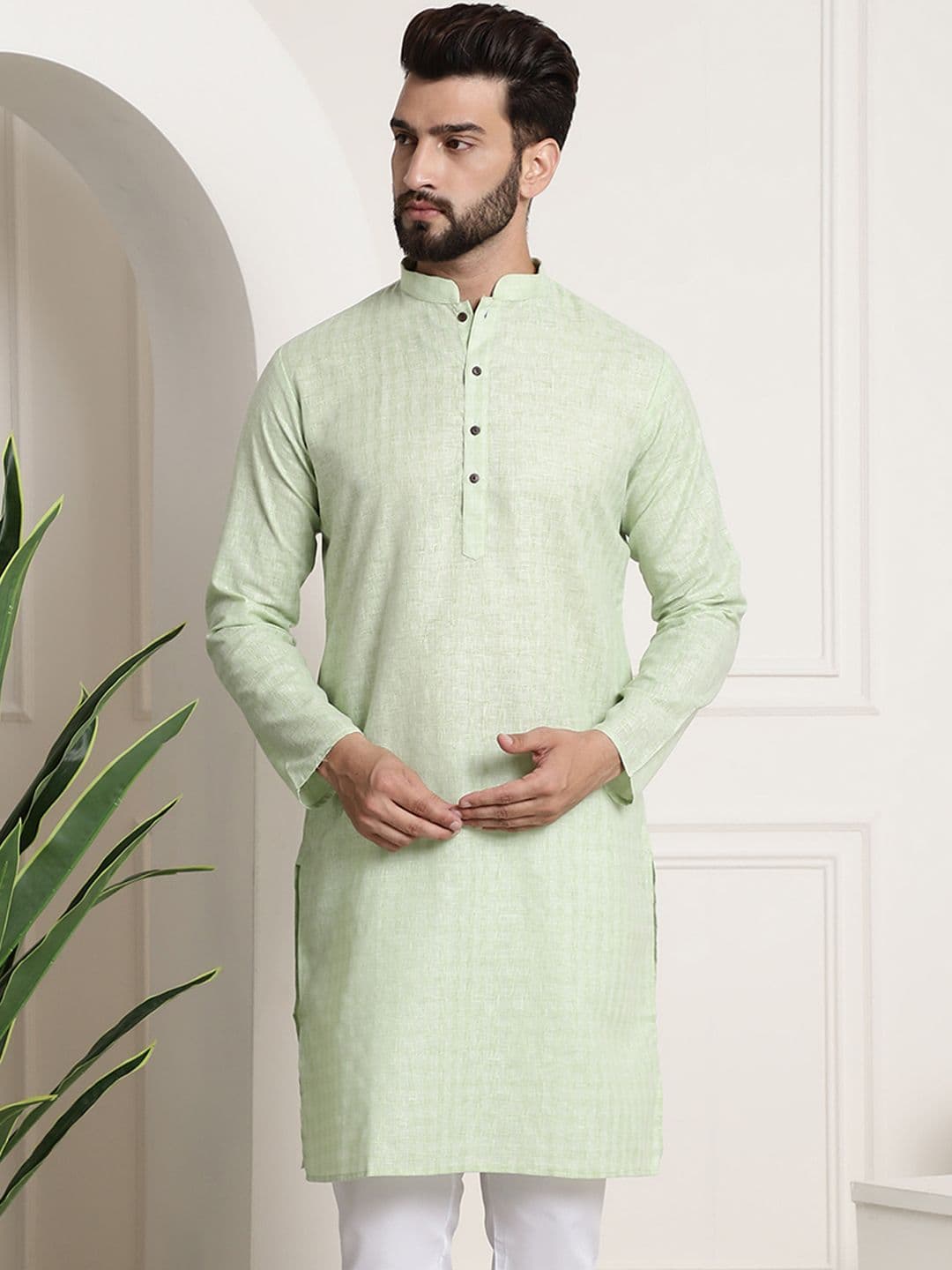 Anug by SOJANYA Men Green Checked Dobby Mandarin Collar Kurta - view 1