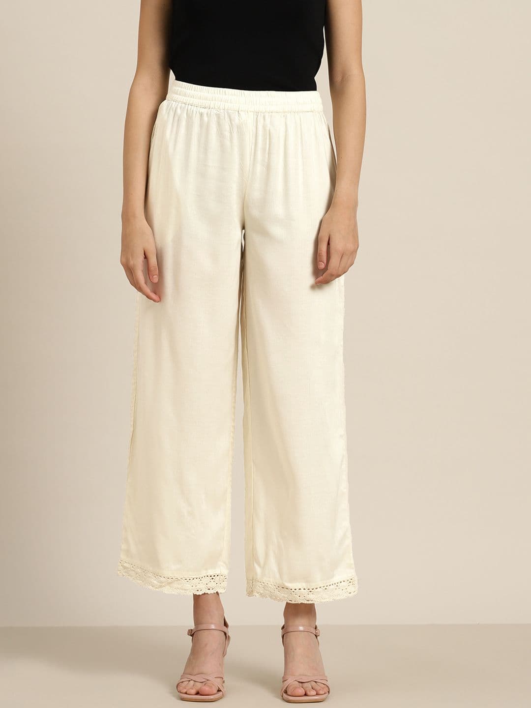 Juniper Women Cream-Coloured Solid Knitted Ethnic Palazzos - view 1