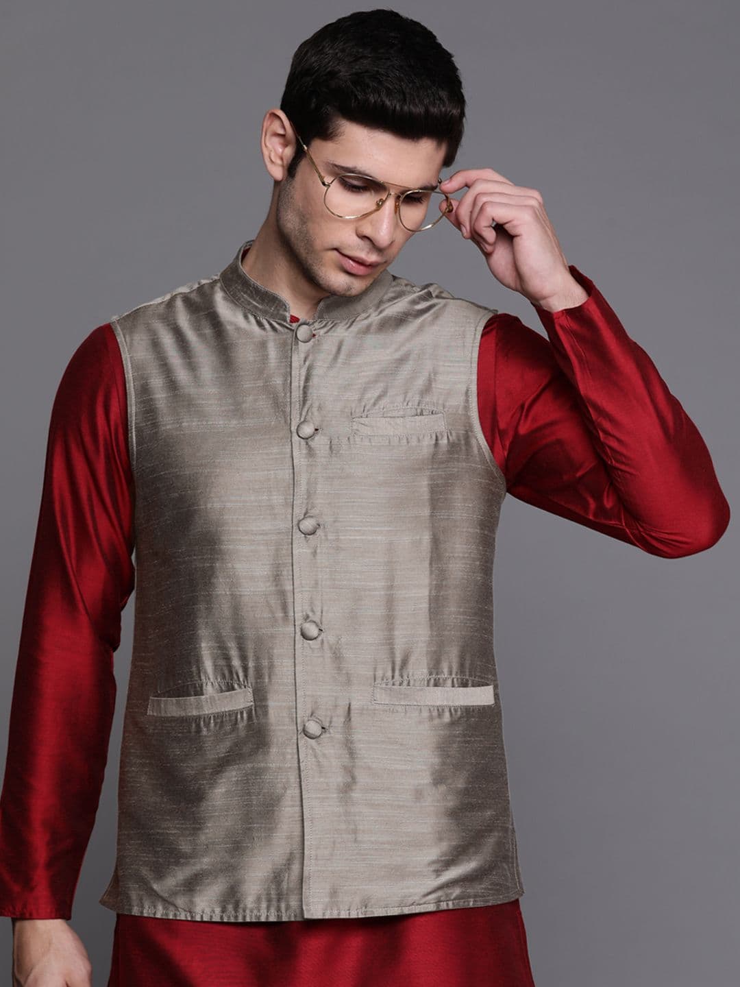 Indo Era Men Grey Solid Ethnic Nehru Jackets - view 1