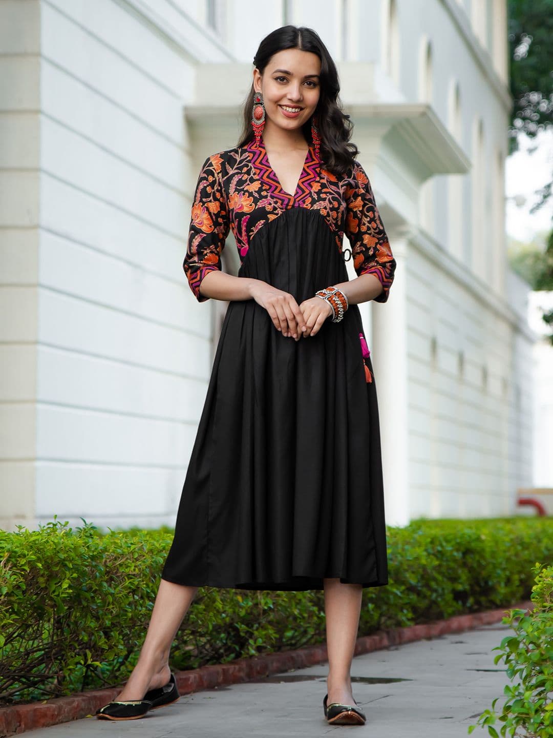 Rustorange Black Ethnic Motifs A-Line Gathered Midi Pockets Dress - view 1