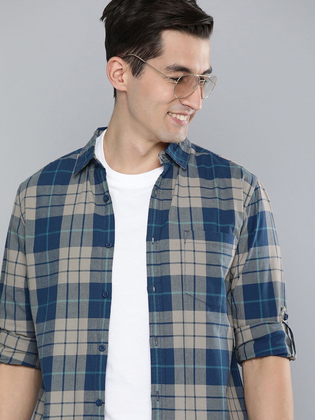 HERE&NOW Men Teal Blue & Grey Slim Fit Checked Casual Cotton Shirt - view 1