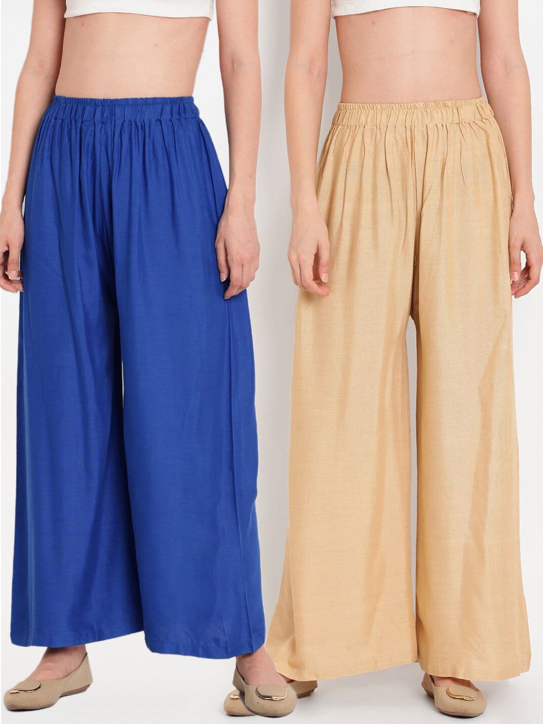 TAG 7 Women Beige & Blue Set of 2 Flared Ethnic Palazzos - view 1