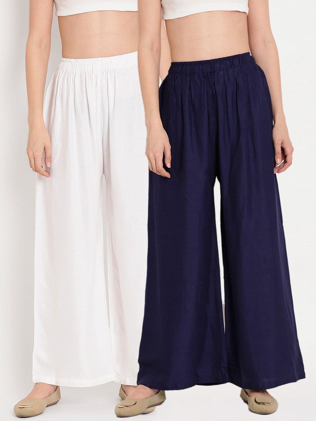TAG 7 Women White & Navy Blue Set of 2 Flared Ethnic Palazzos - view 1