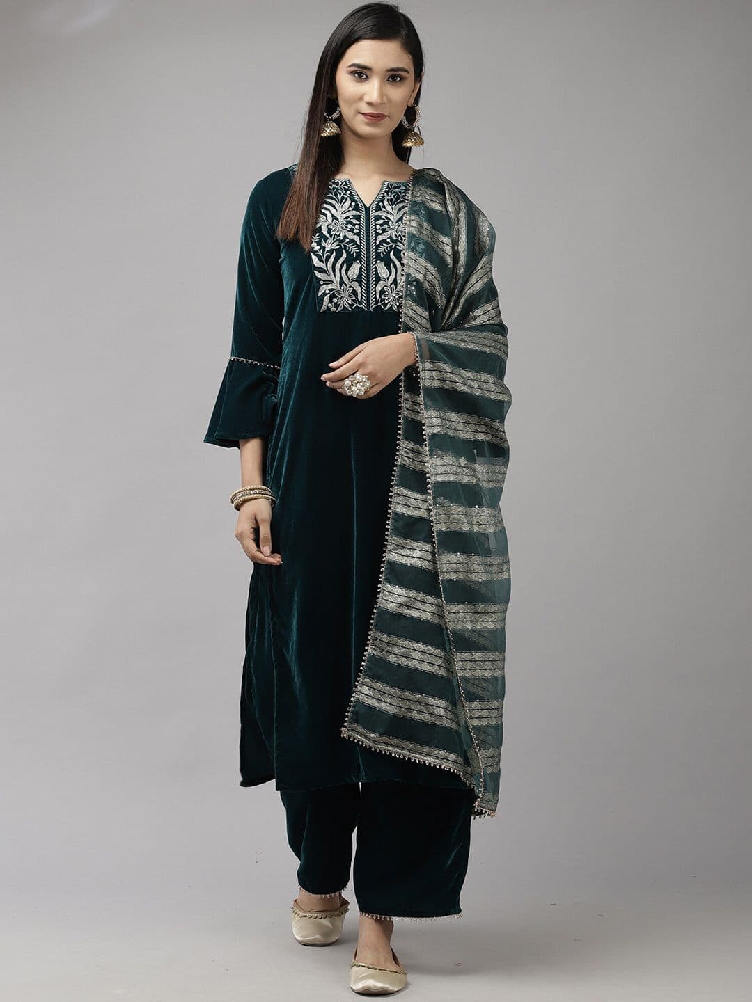 Indo Era Teal & Silver-Toned Striped Organza Dupatta with Zari - view 1
