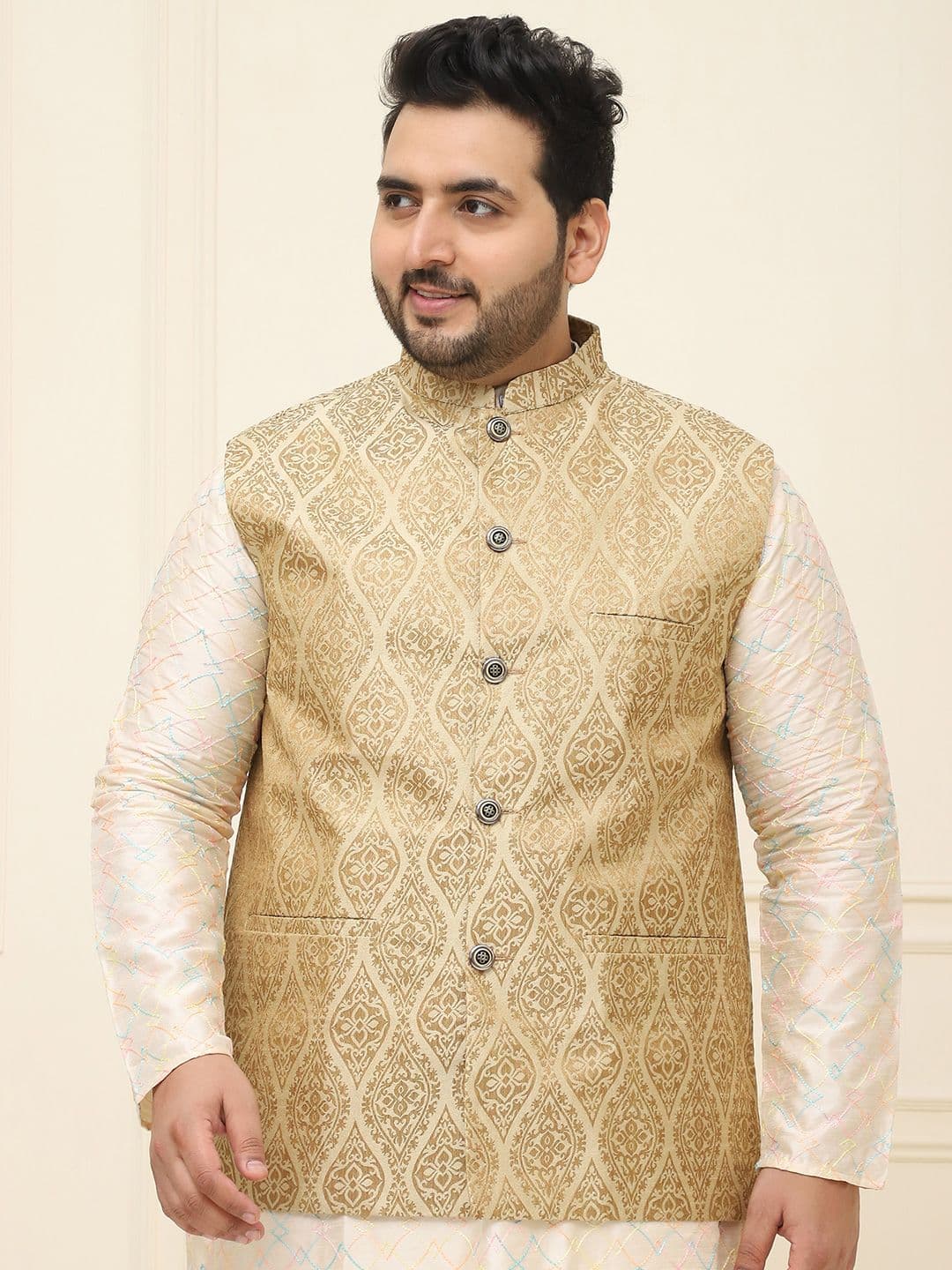 Sojanya PLUS Men's Beige & Golden Woven Design Nehru Jacket - view 1