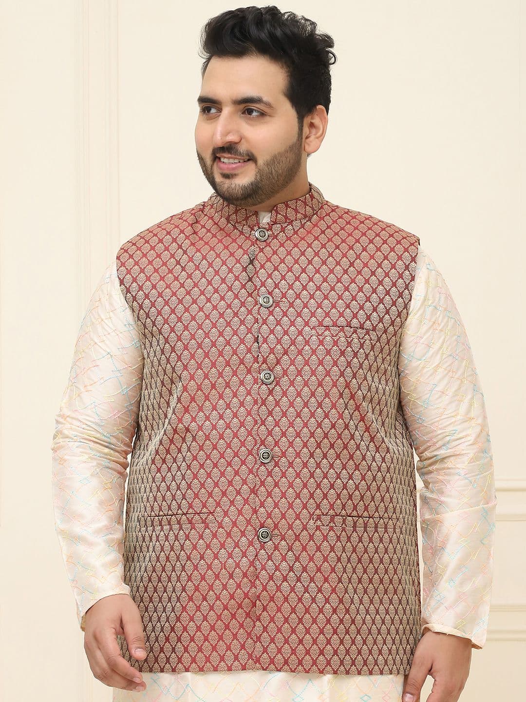 Sojanya PLUS Men's Maroon & Golden Woven Design Nehru Jacket - view 1