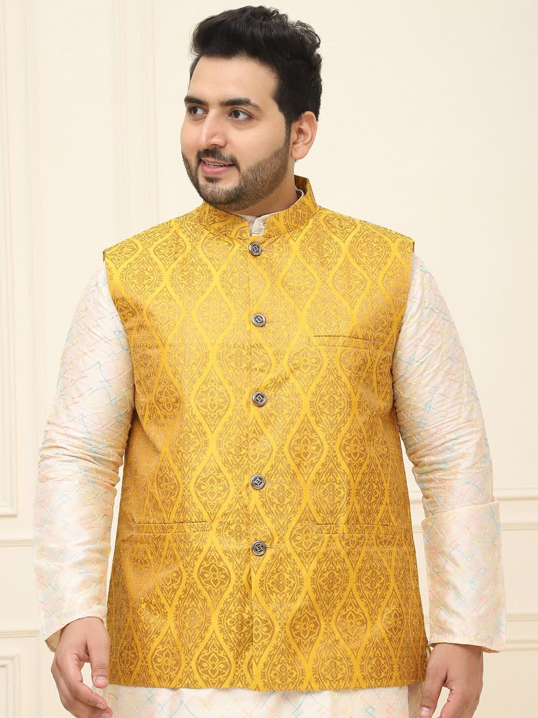 Sojanya PLUS Men's Mustard Yellow & Golden Woven Design Nehru Jacket - view 1