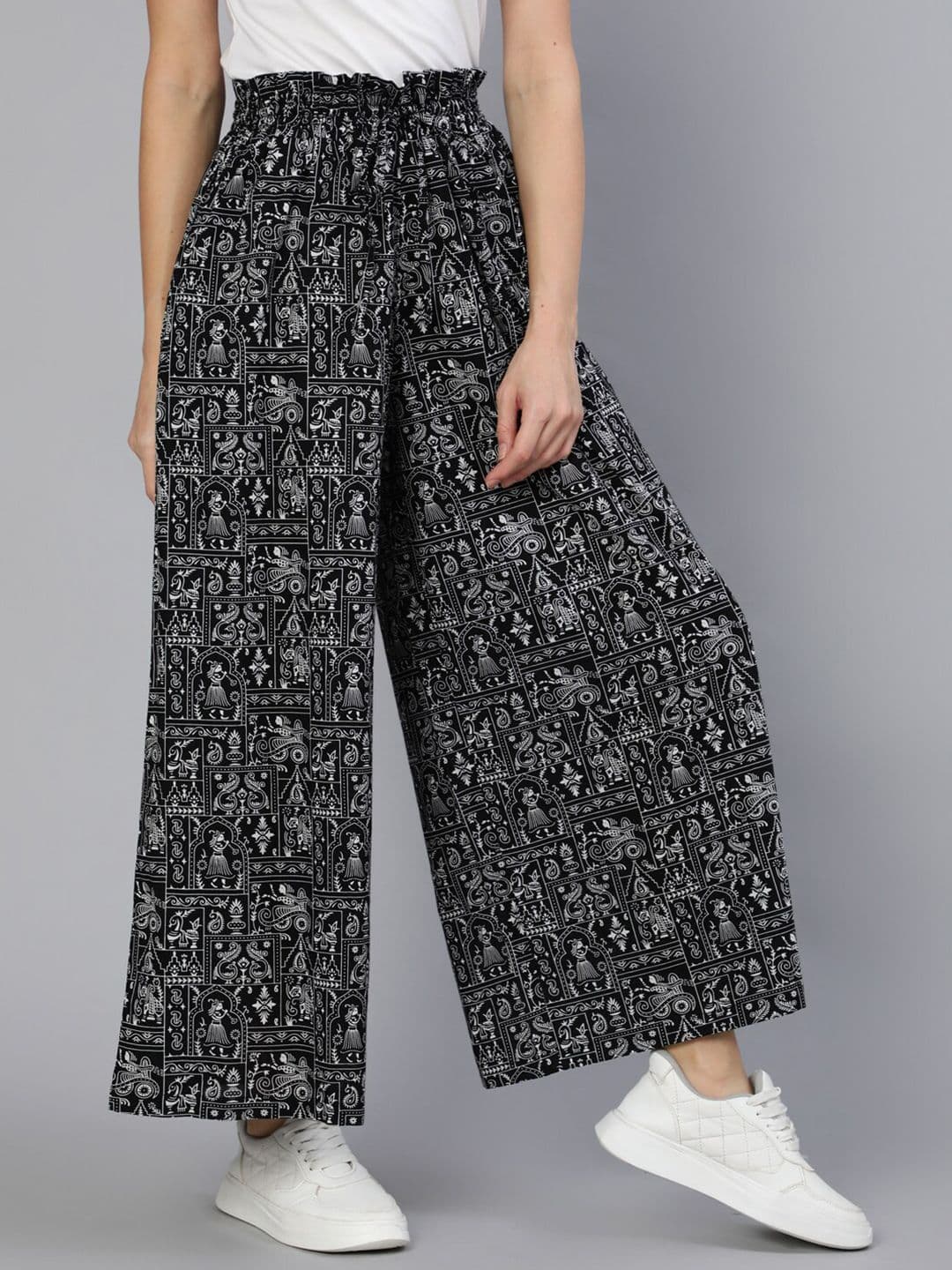 Nayo Women Black & White Ethnic Motifs Printed Cotton Palazzos - view 1