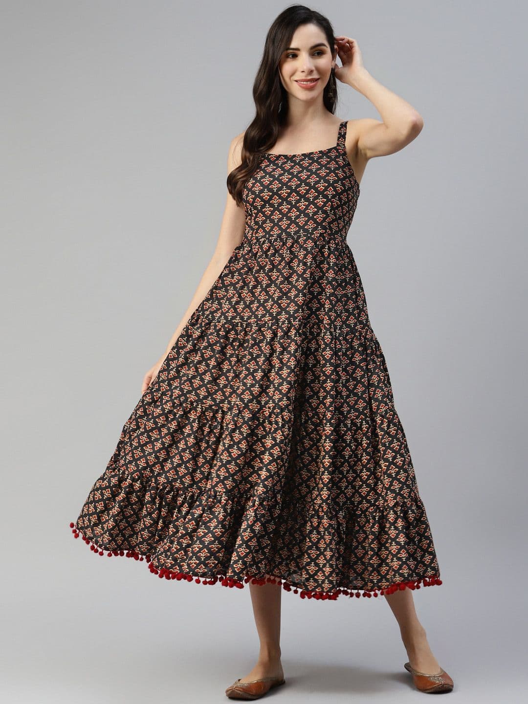 Divena Charcoal Grey & Beige Pure Cotton Ethnic Motifs A-Line Midi Dress - view 1