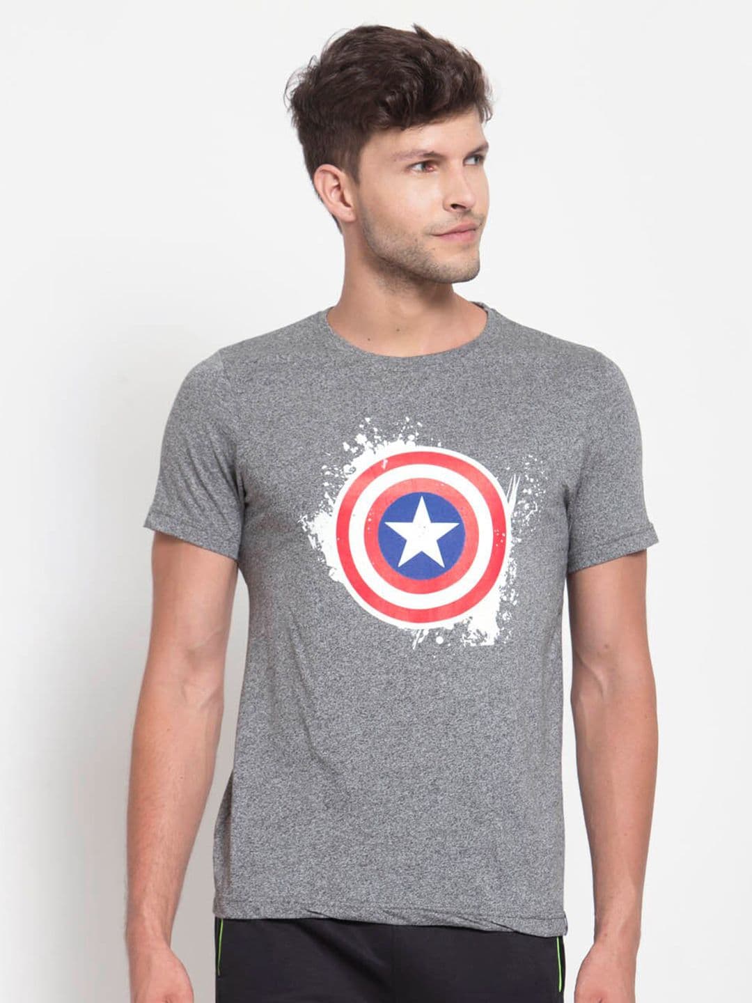 SPORTO Men Grey Melange Captain America Printed Cotton T-shirt
