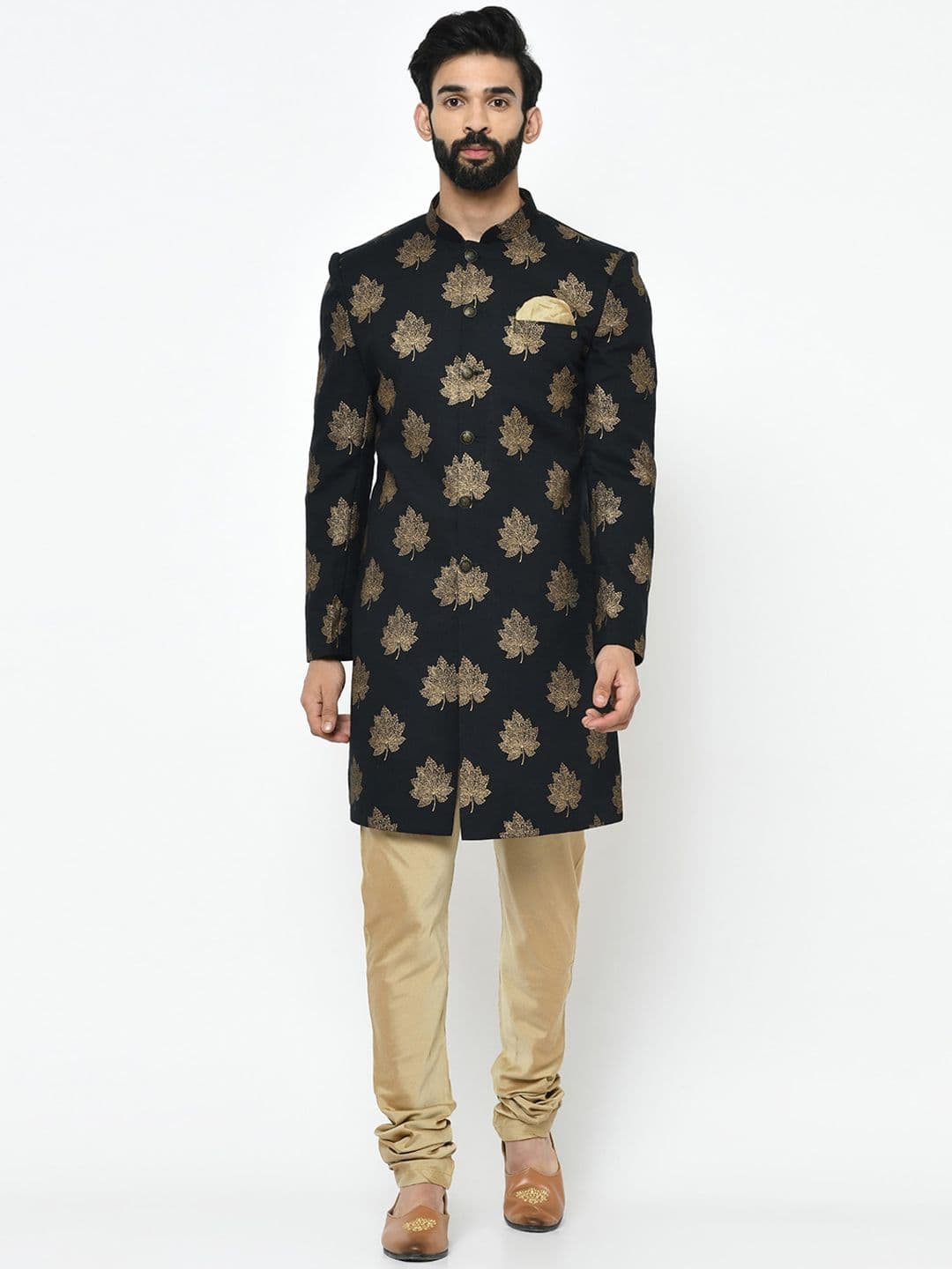 KISAH Men Black & Beige Printed Sherwani Set