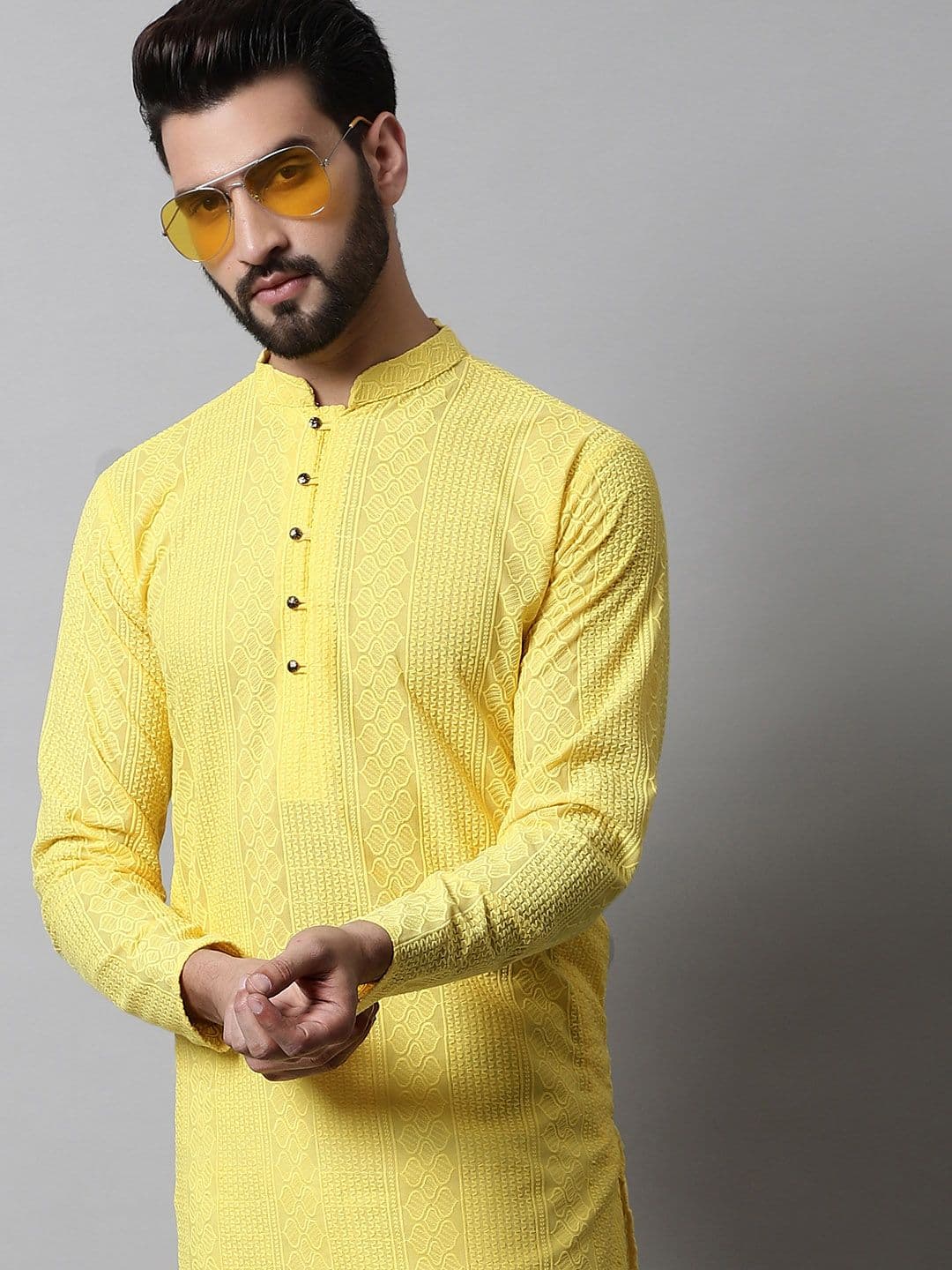 Jompers Men Yellow Thread Work Floral Kurta - view 1