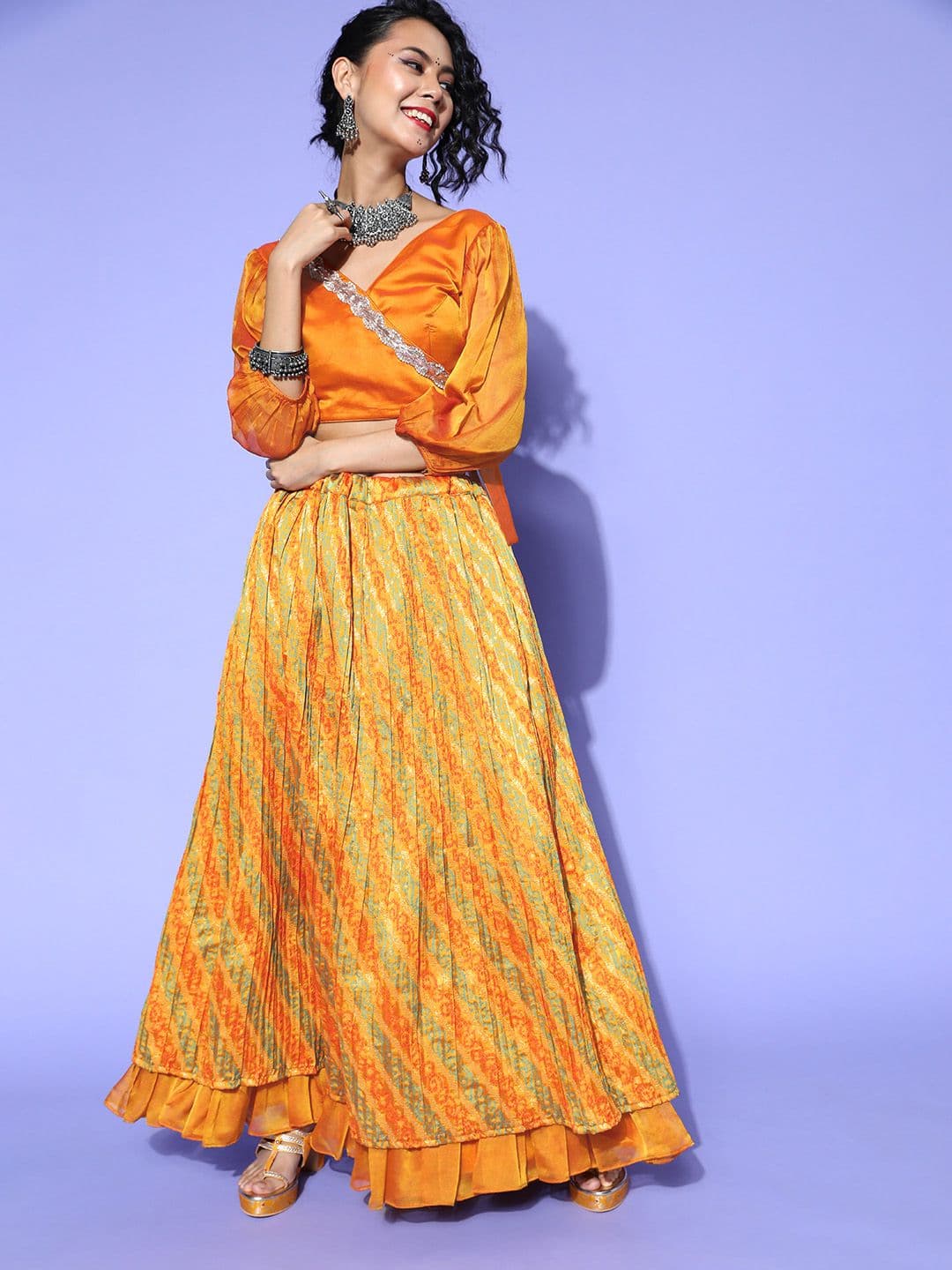 RAJGRANTH Mustard & Orange Bandhani Print Semi-Stitched Lehenga & Solid Unstitched Blouse - view 1