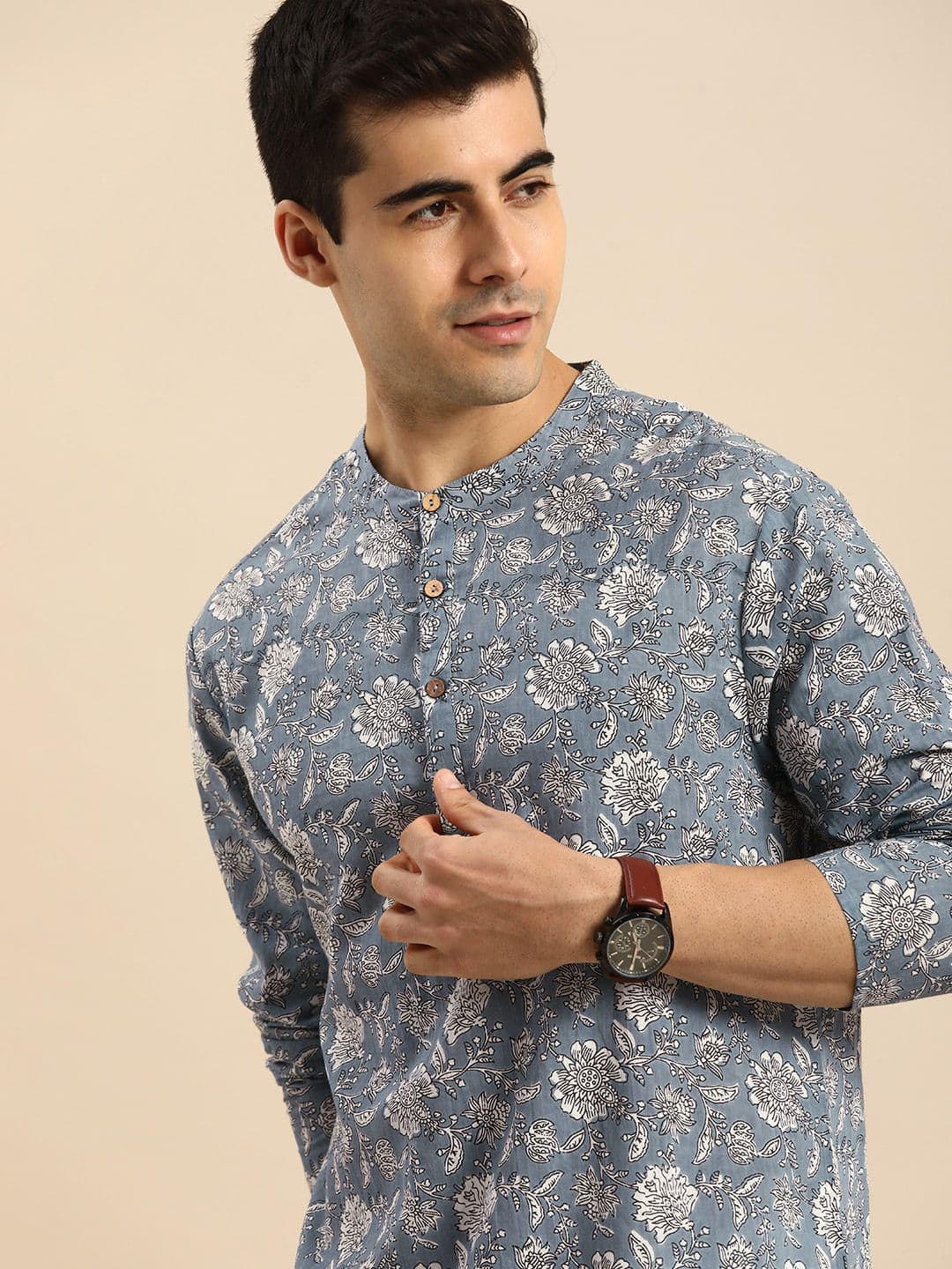 Anouk Men Grey & White Floral Printed Pure Cotton Straight Kurta - view 1