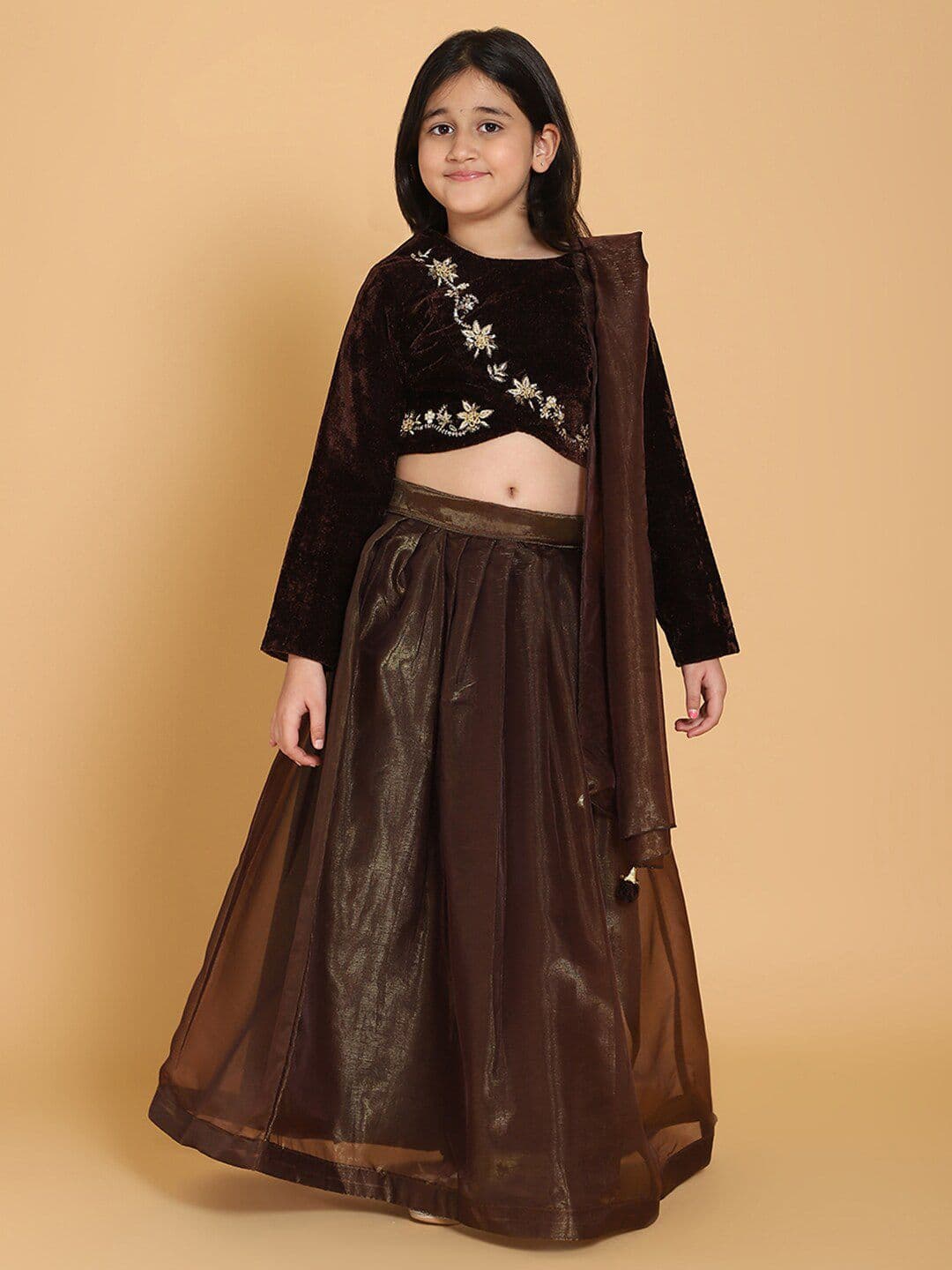 PICCOLO Girls Brown & Golden Embroidered Ready to Wear Lehenga & Blouse With Dupatta - view 1