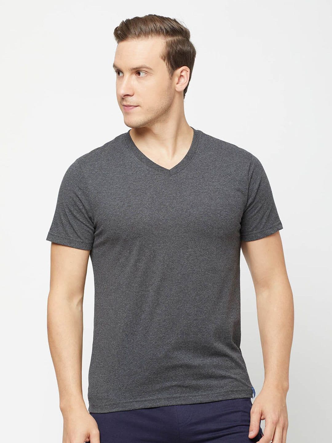 SPORTO Men Grey Melange V-Neck Raw Edge T-shirt