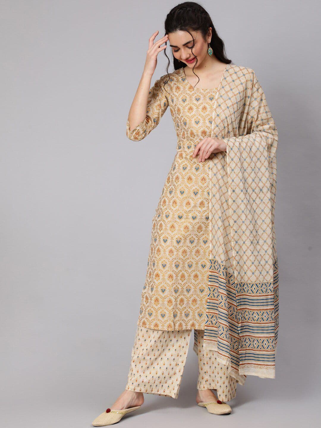 Nayo Women Cream-Coloured & Gold Screen Printed Cotton Straight Kurta Palazzos Dupatta - view 1