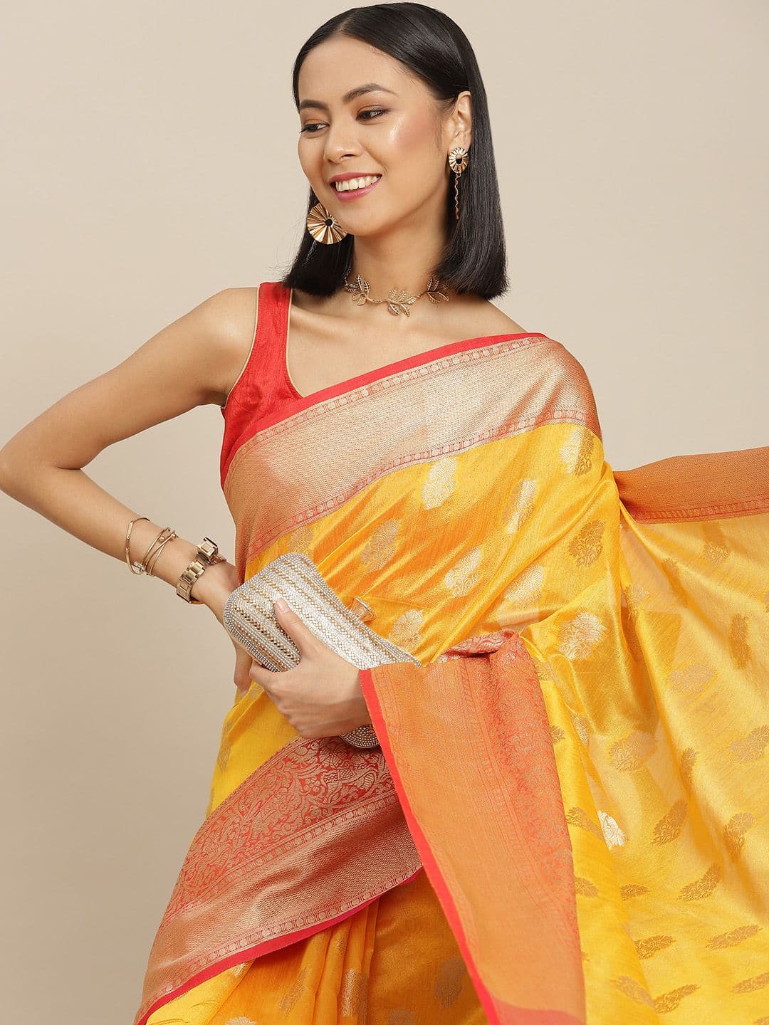 Silk Land Yellow & Red Ethnic Motifs Zari Kanjeevaram Saree - view 1