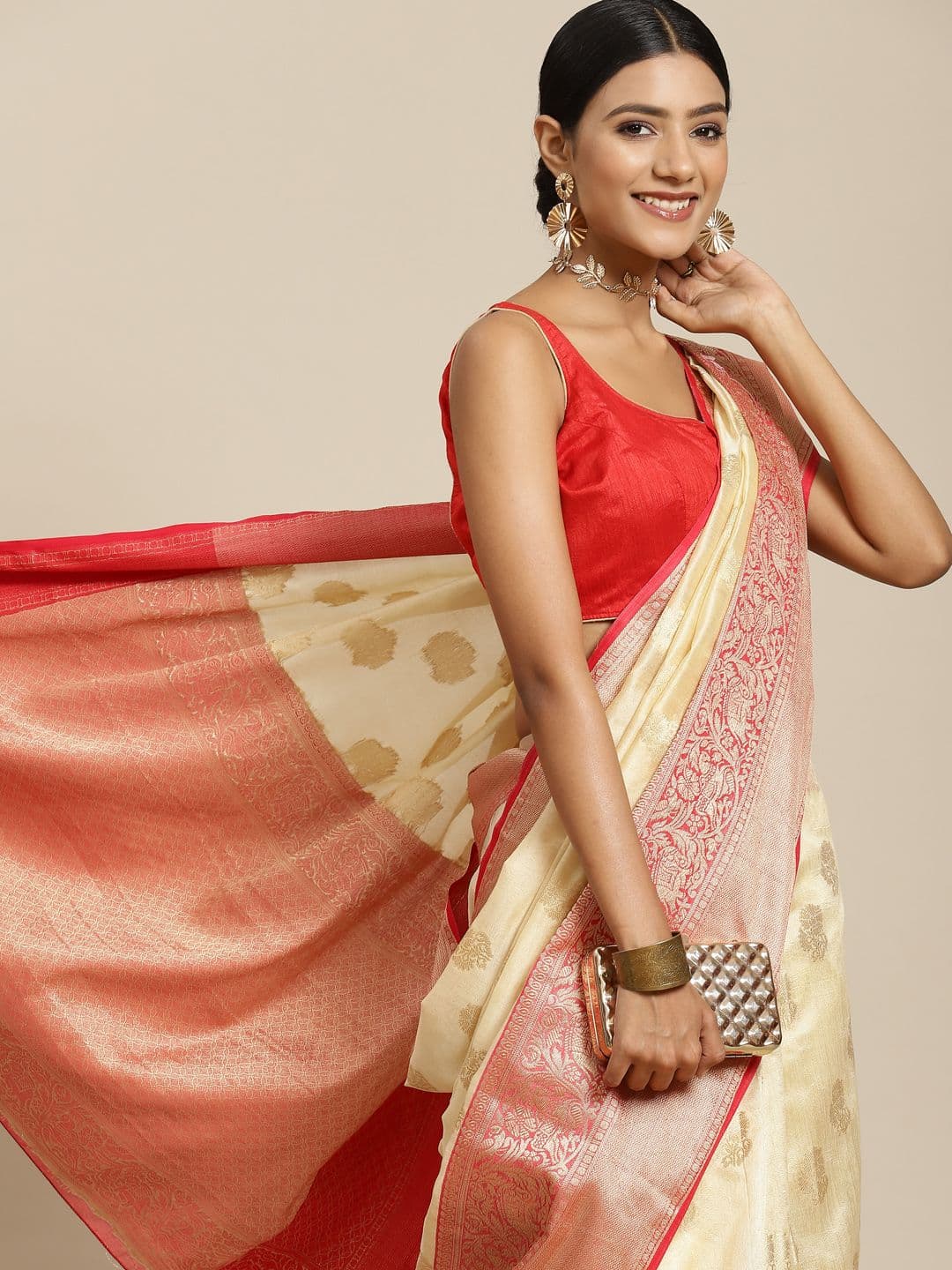 Silk Land Off White & Red Ethnic Motifs Zari Kanjeevaram Saree - view 1