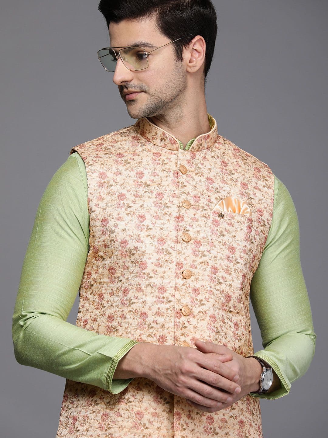 Manyavar Men Cream-Coloured & Pink Floral Woven Design Nehru Jacket - view 1