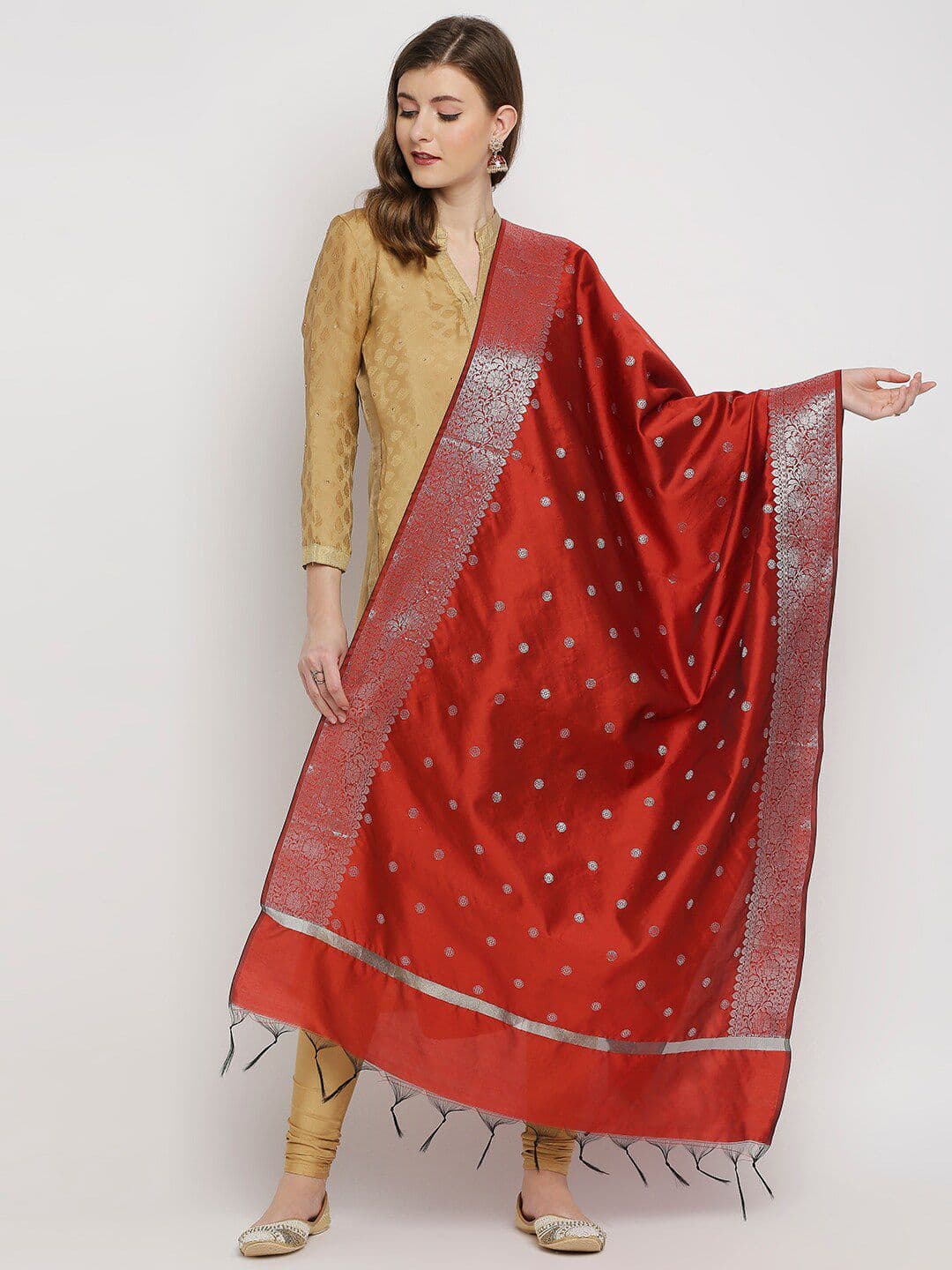 Dupatta Bazaar Red & Silver-Toned Ethnic Motifs Woven Design Dupatta - view 1