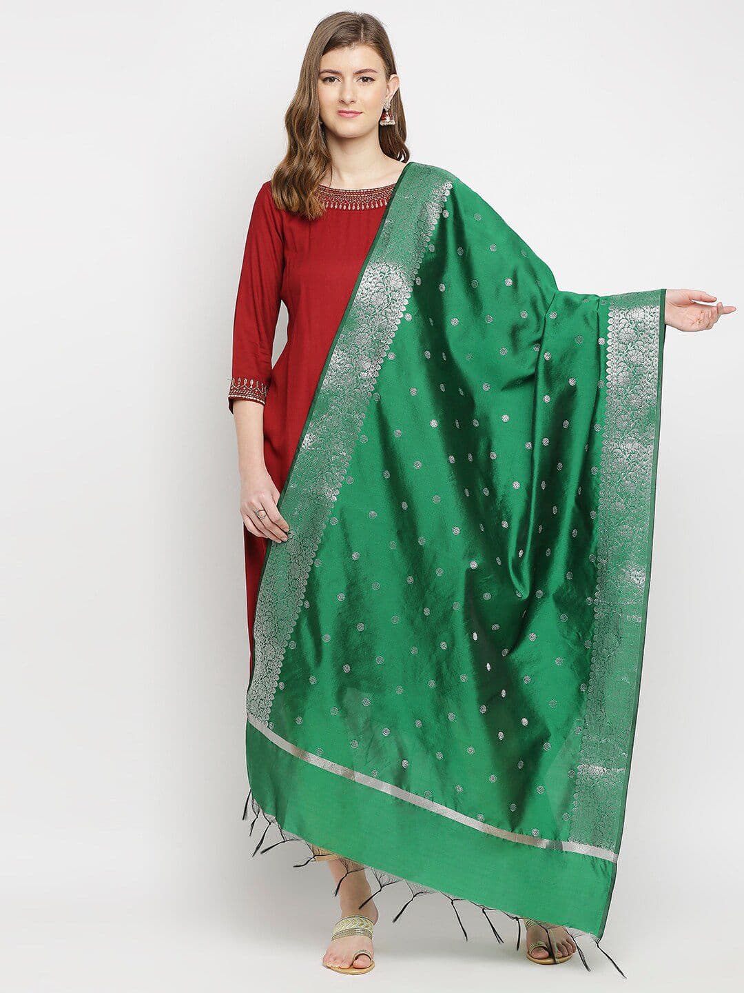 Dupatta Bazaar Women Green & Silver-Toned Woven Design Silk Blend Dupatta - view 1