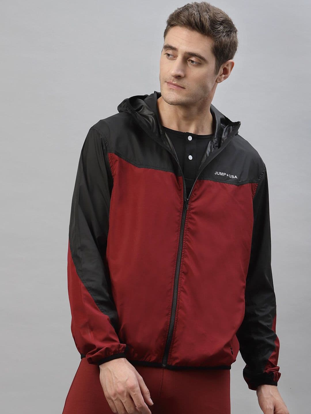 JUMP USA Men Red Colourblocked Water Resistant Crop Sporty Jacket with Patchwork - view 1